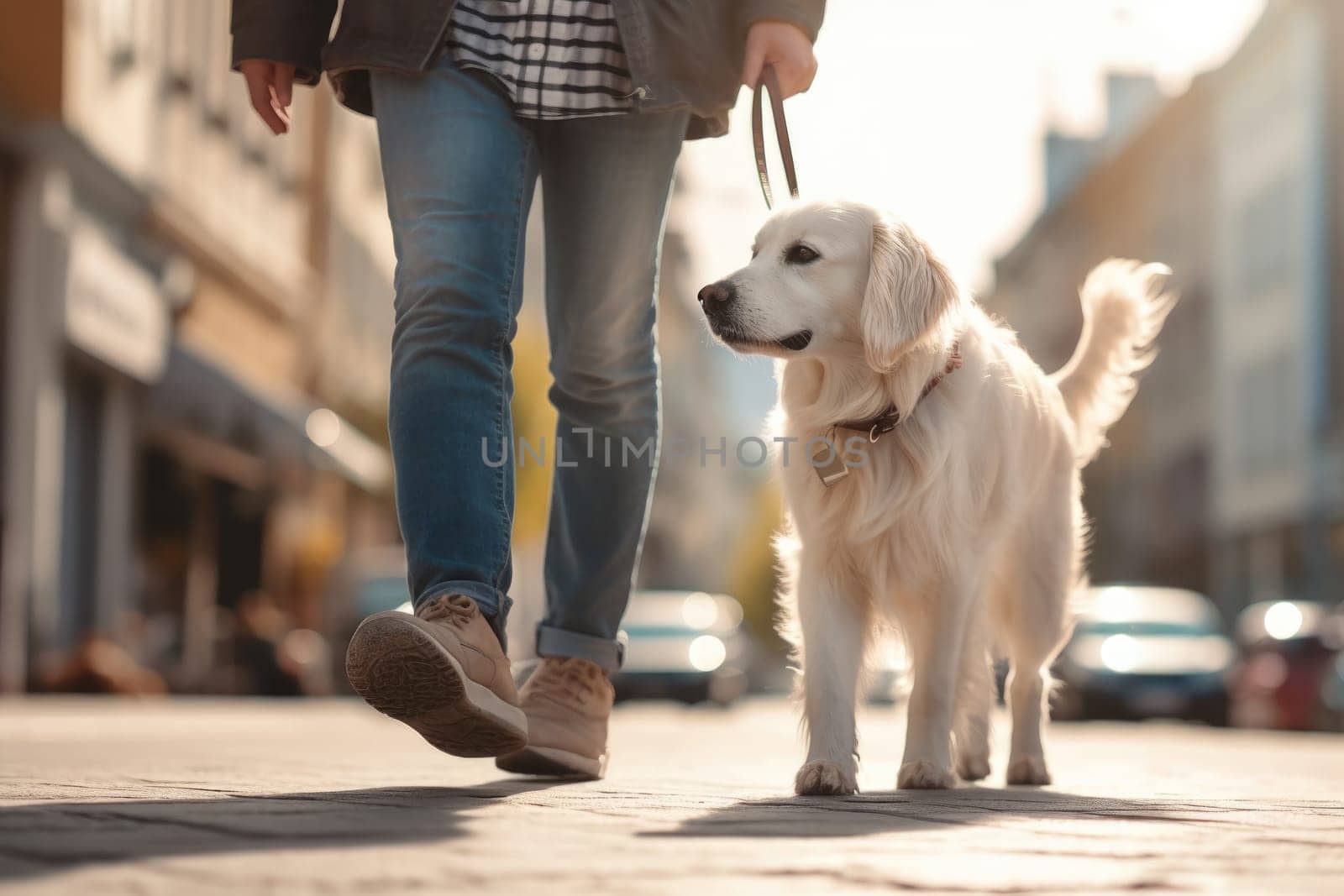 dog walking with unrecognizable owner in city street crosswalk, AI Generated by Desperada