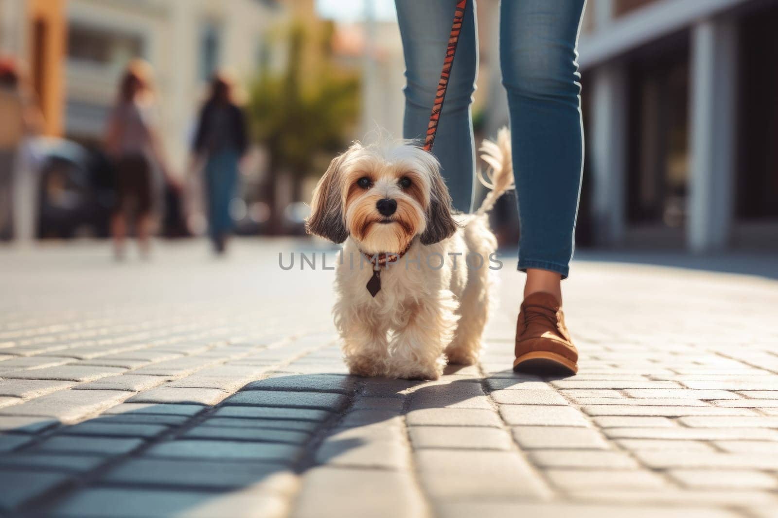 Pet care. dog walking with unrecognizable owner in city street crosswalk, summer sunny day, AI Generated