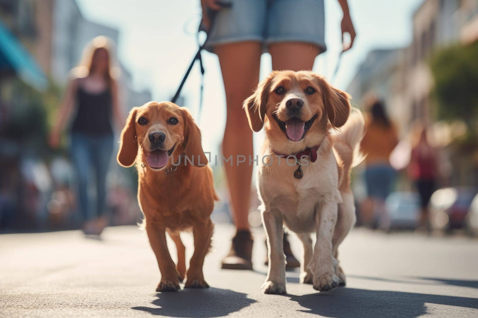 Pet care. dogs walking with unrecognizable owner in city street crosswalk, summer sunny day, AI Generated