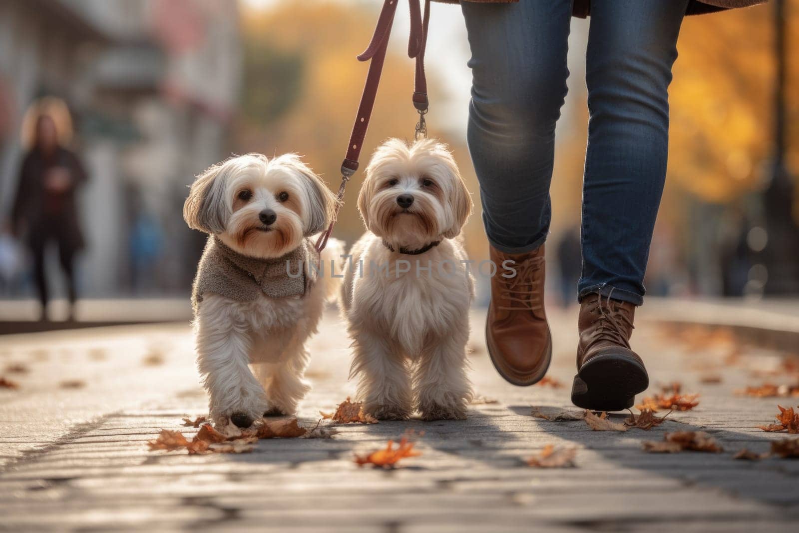dogs walking with unrecognizable owner in city street crosswalk, AI Generated by Desperada