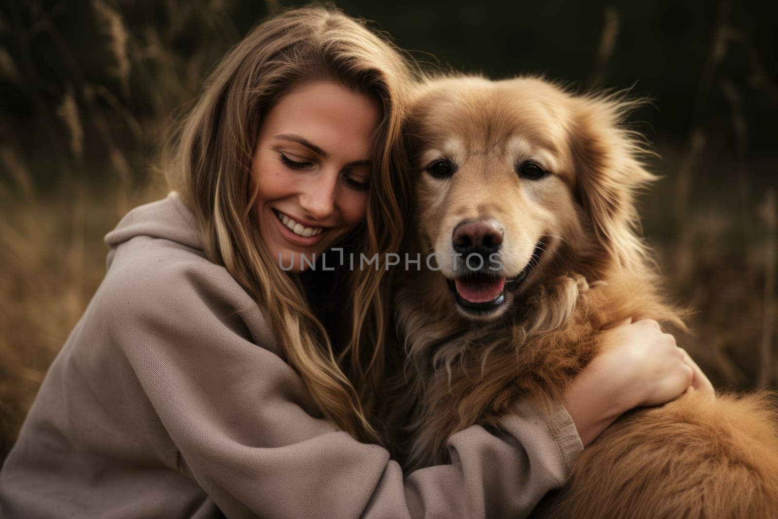 young adult woman embracing her dog, outdoor autumn park, AI Generated