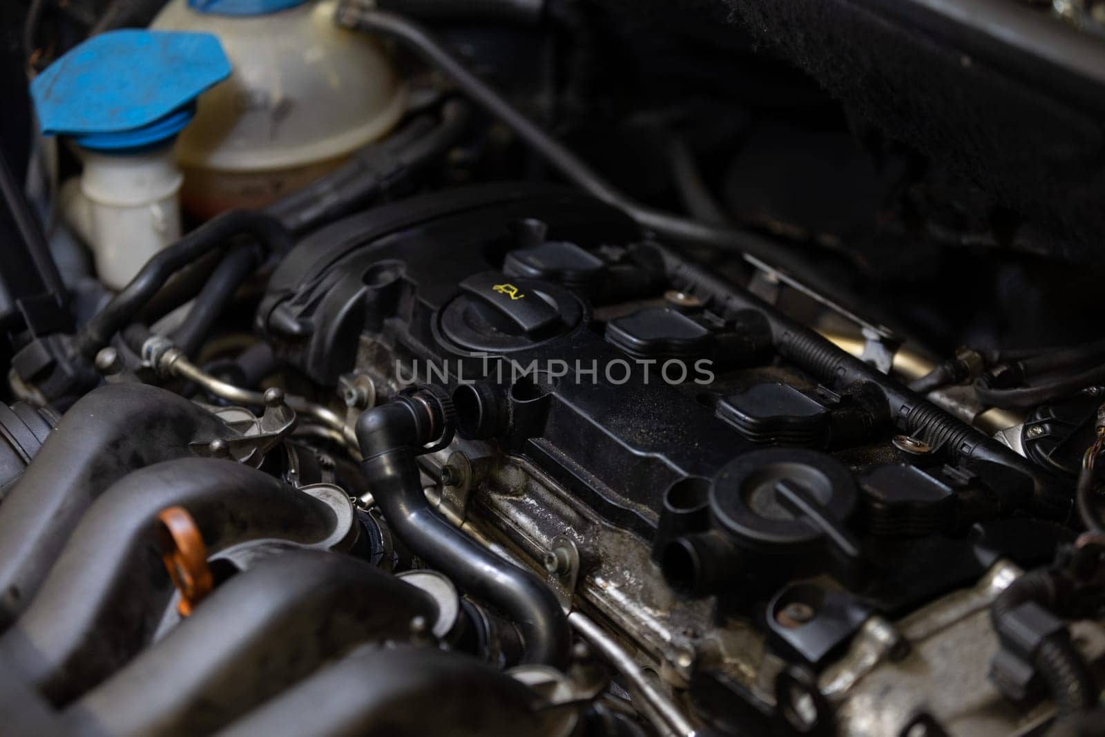 Close up of dirty diesel motor in a vehicle or car, transport concept