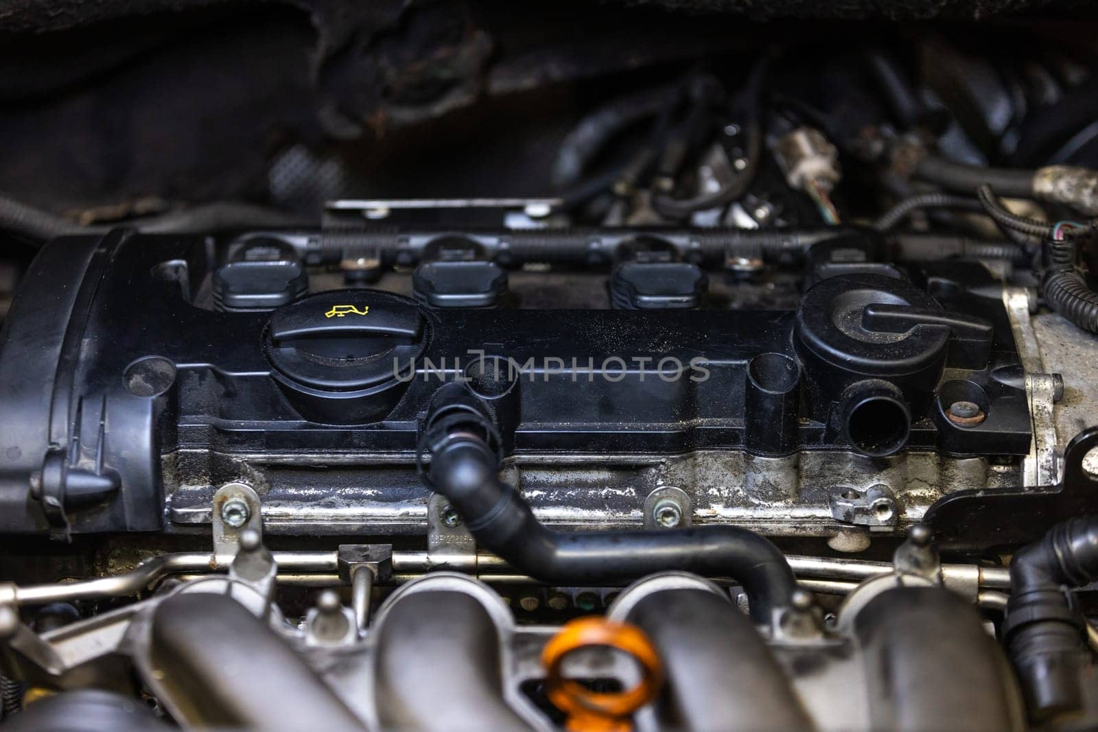 Close up of dirty diesel motor in a vehicle or car, transport concept