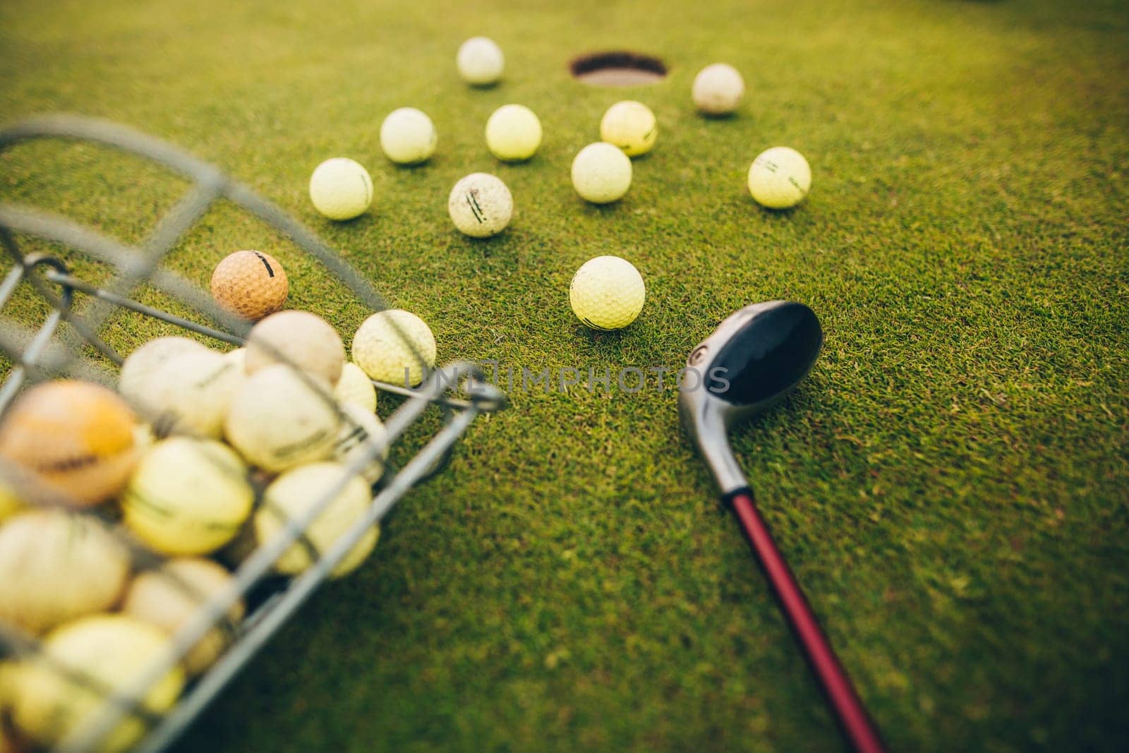 Close up of golf club and balls by the hole on a grass yard, sport concept