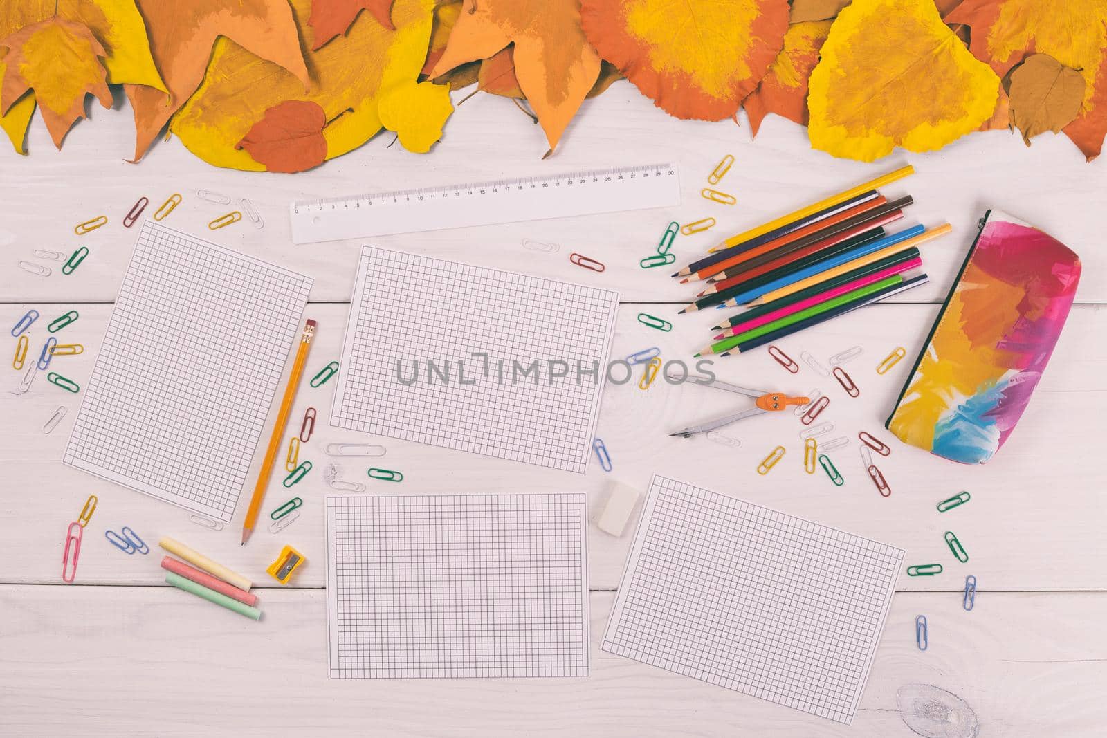 Empty white papers and school supplies on wooden table with painted leaves.Toned image.
