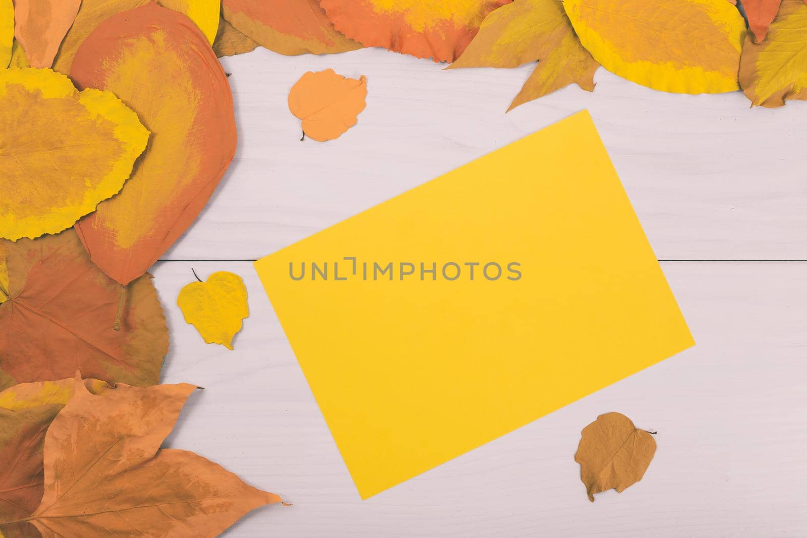 Empty yellow paper on wooden table surrounded with painted leaves.Toned image.