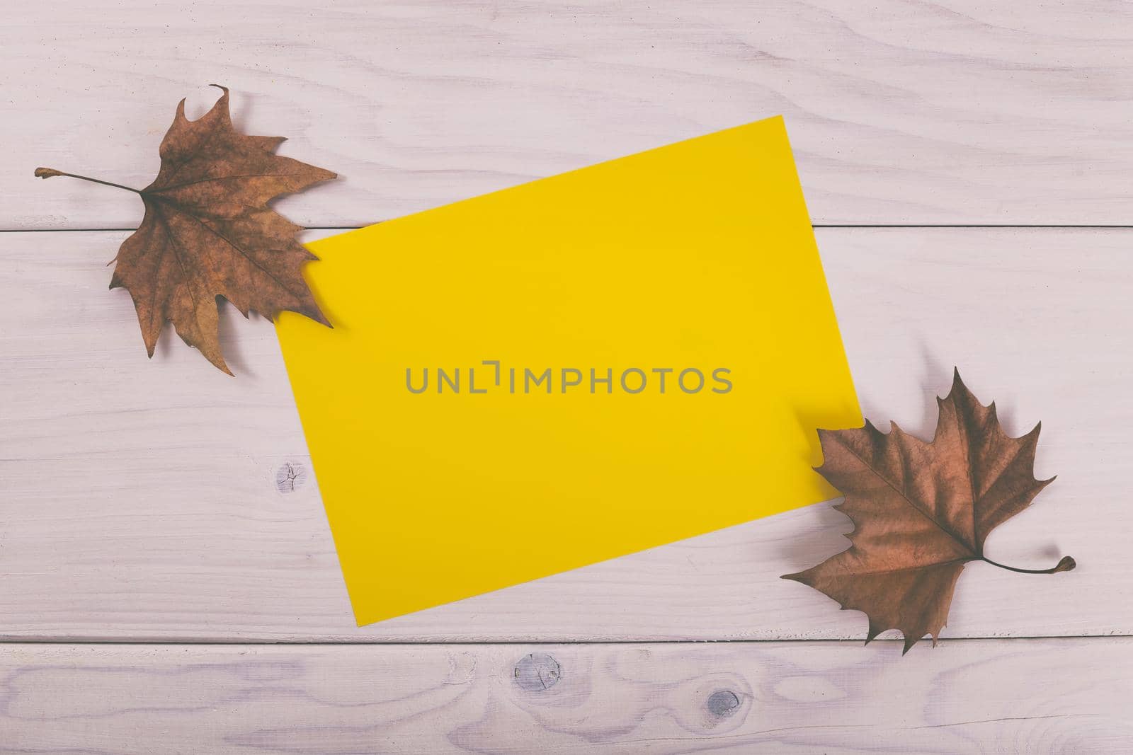 Empty yellow paper on wooden table with autumn leaves.Image is intentionally toned