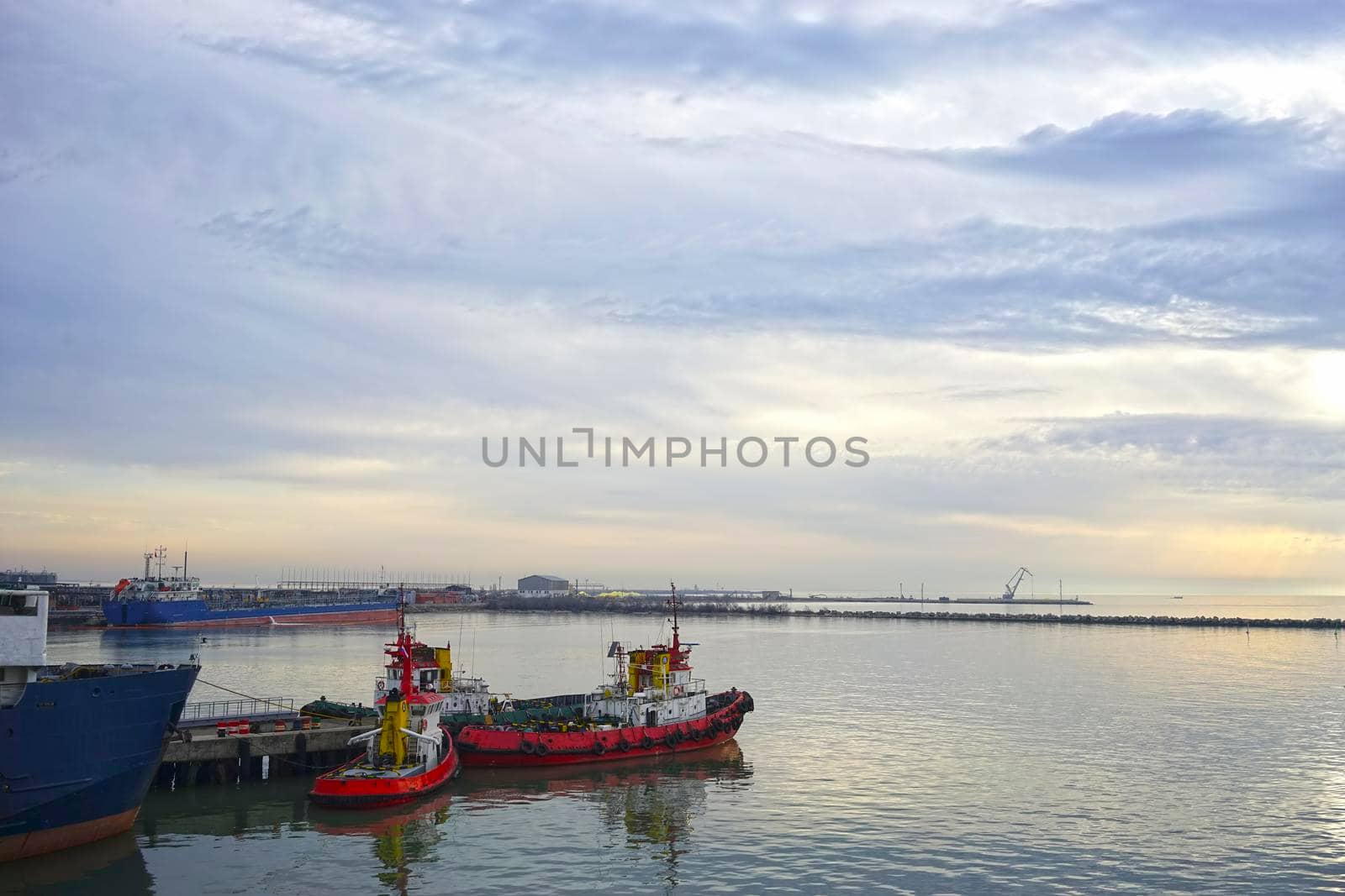 Seascape with a view of the ships at the port pier.