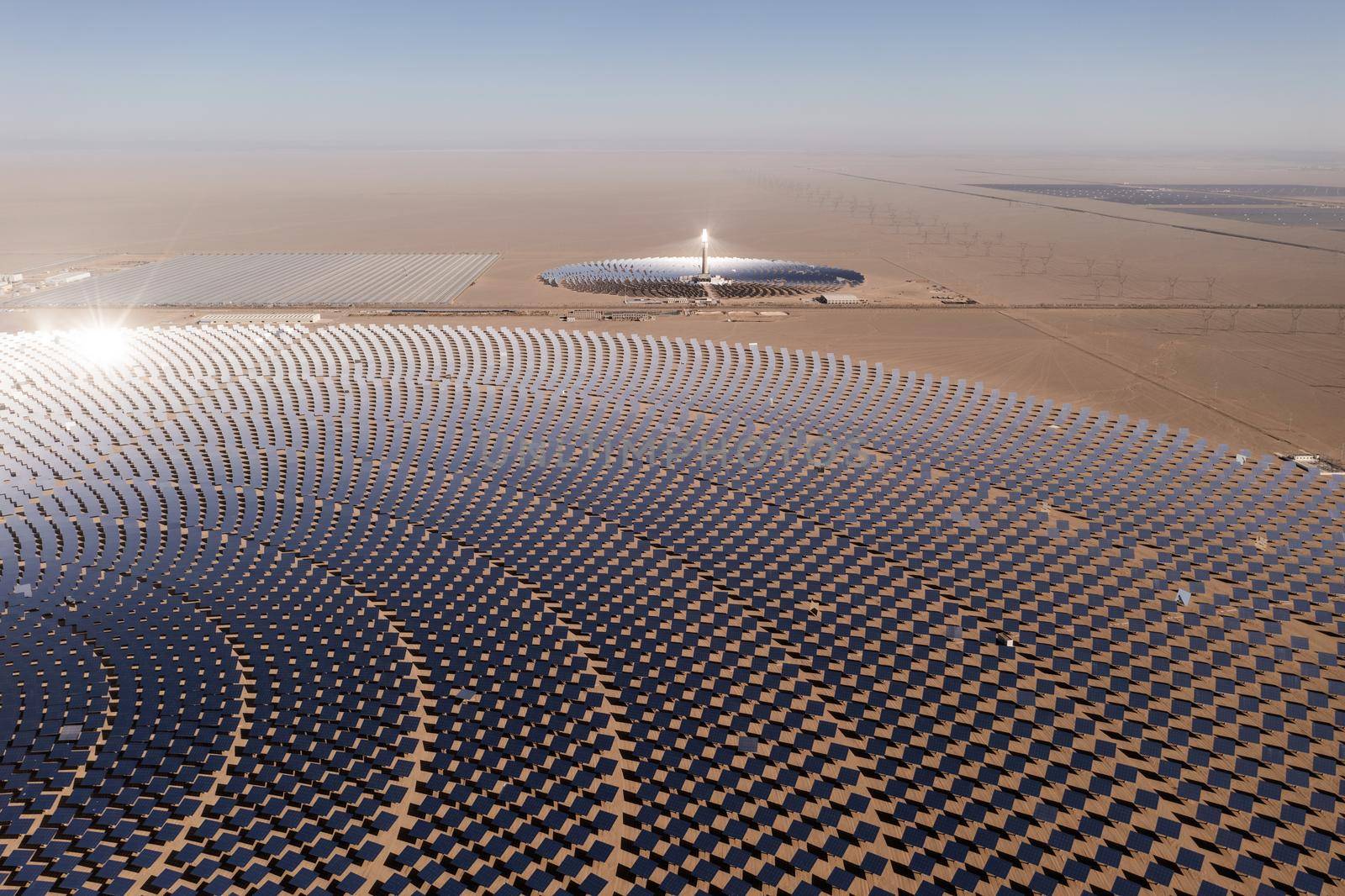 Photovoltaic power generation, solar Thermal Power Station. Shot in Dunhuang, China.