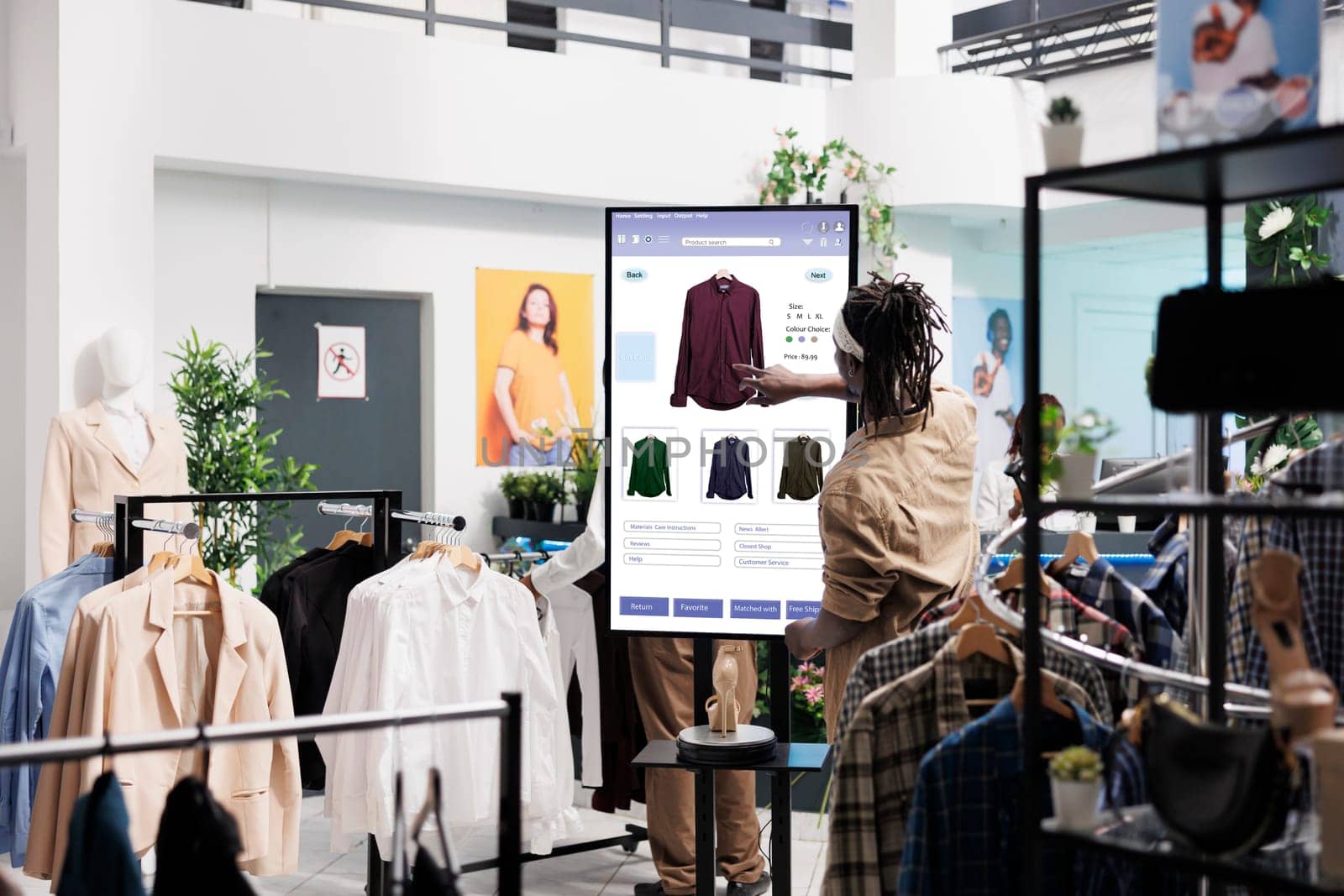 Client using touch screen board in trendy clothing store, shopping for fashion collection items in shop. Young buyer buying clothes on interactive monitor, self ordering concept.