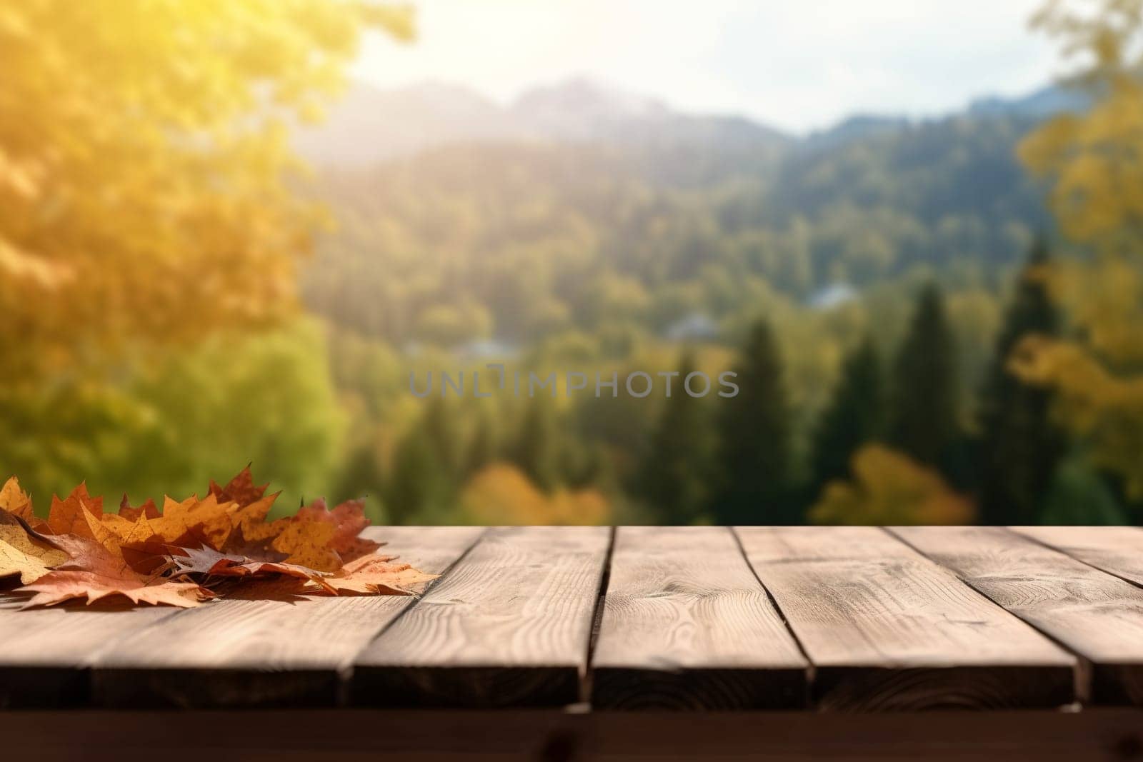Autumn leaves on wooden table - seasonal concept, generative AI