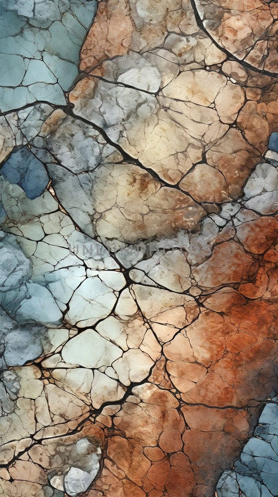 Blue and orange cracked surface - wall art, generative AI, Ai generated