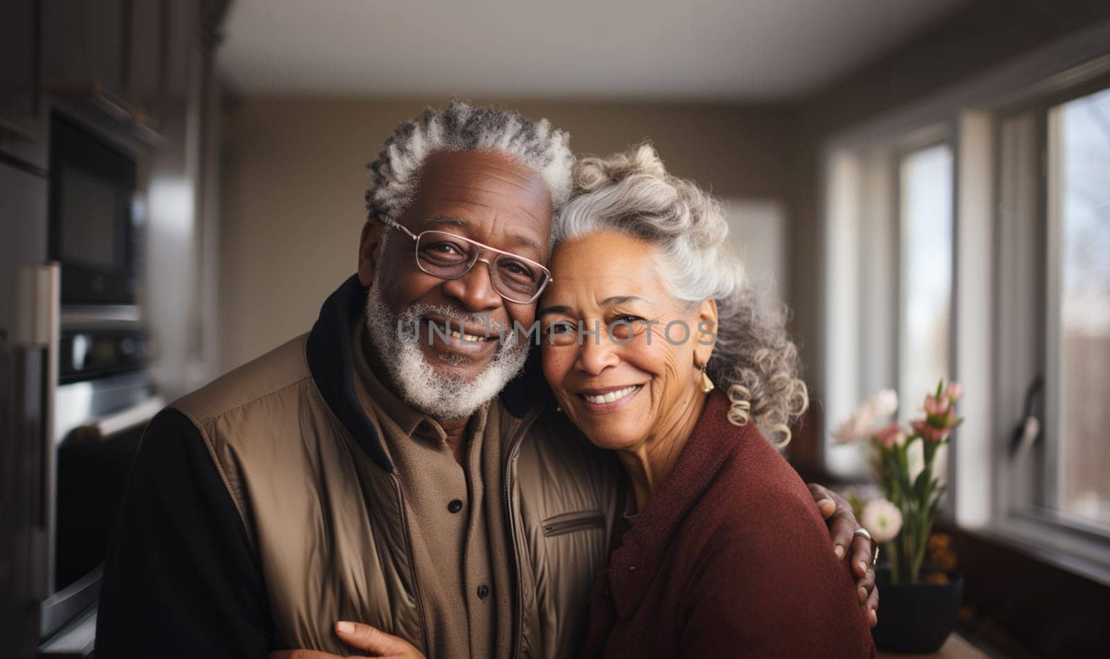 African American senior couple embracing.Happy senior african american couple embracing each other in there home. Retirement lifestyle concept. Elderly black couple in love beauty