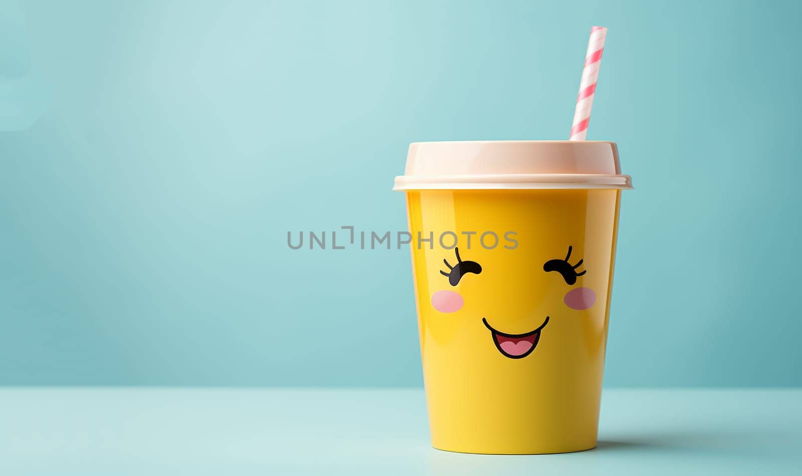 eco living, zero waste and sustainability concept - Colorful reusable drinking cup with straw and happy face smiley on pastel colors. copy space space for text