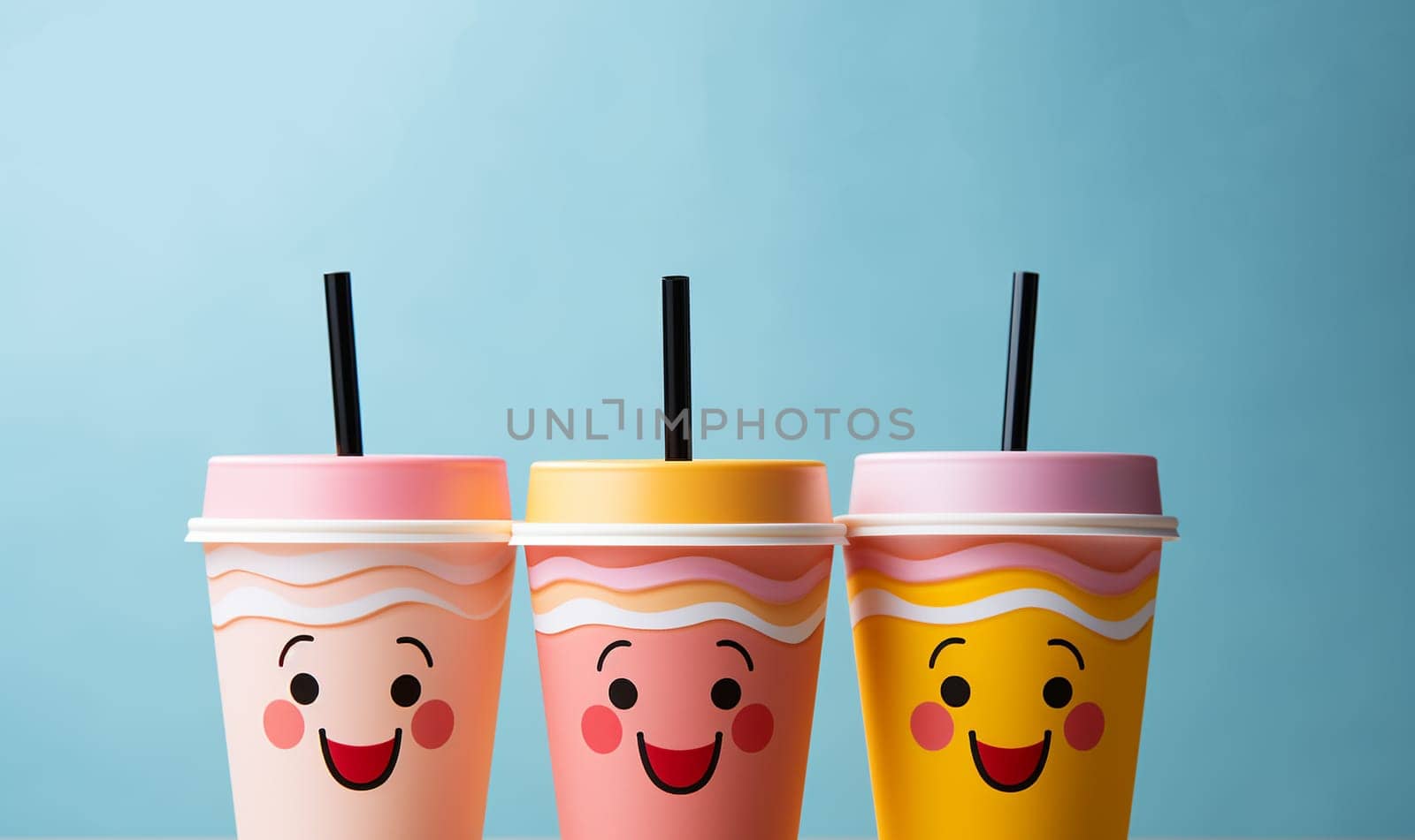 eco living, zero waste and sustainability concept - Colorful reusable drinking cup with straw and happy face smiley on pastel colors. copy space space for text