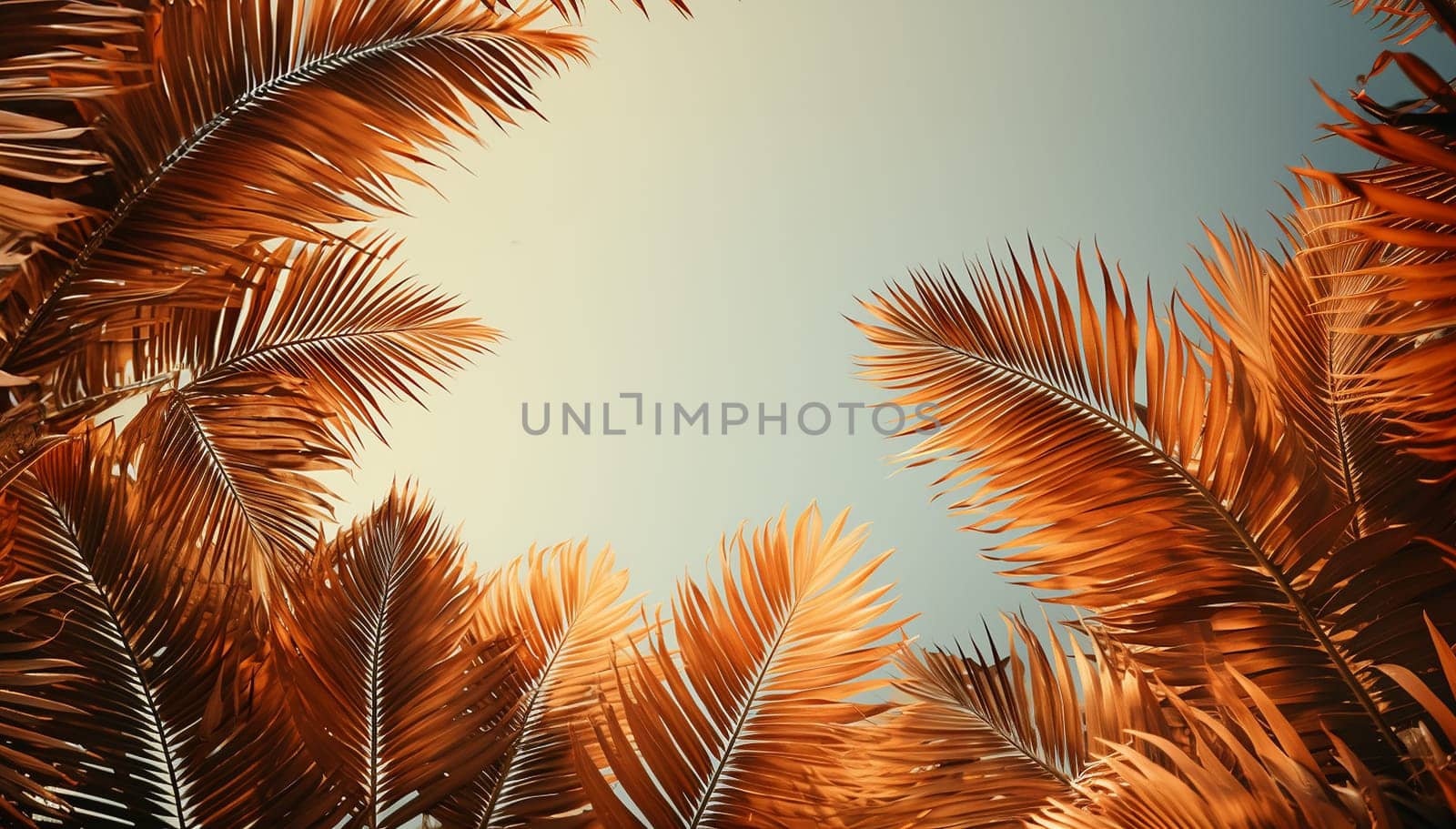 Palm leaves oin the sky with sepia tones.Palm tree with coconut, retro style photo. Summer travel destination. Fluffy palm leaf on sunset sky. Romantic honeymoon or holiday banner template. Coco palm crown view from ground. Tropical nature copy space by Annebel146