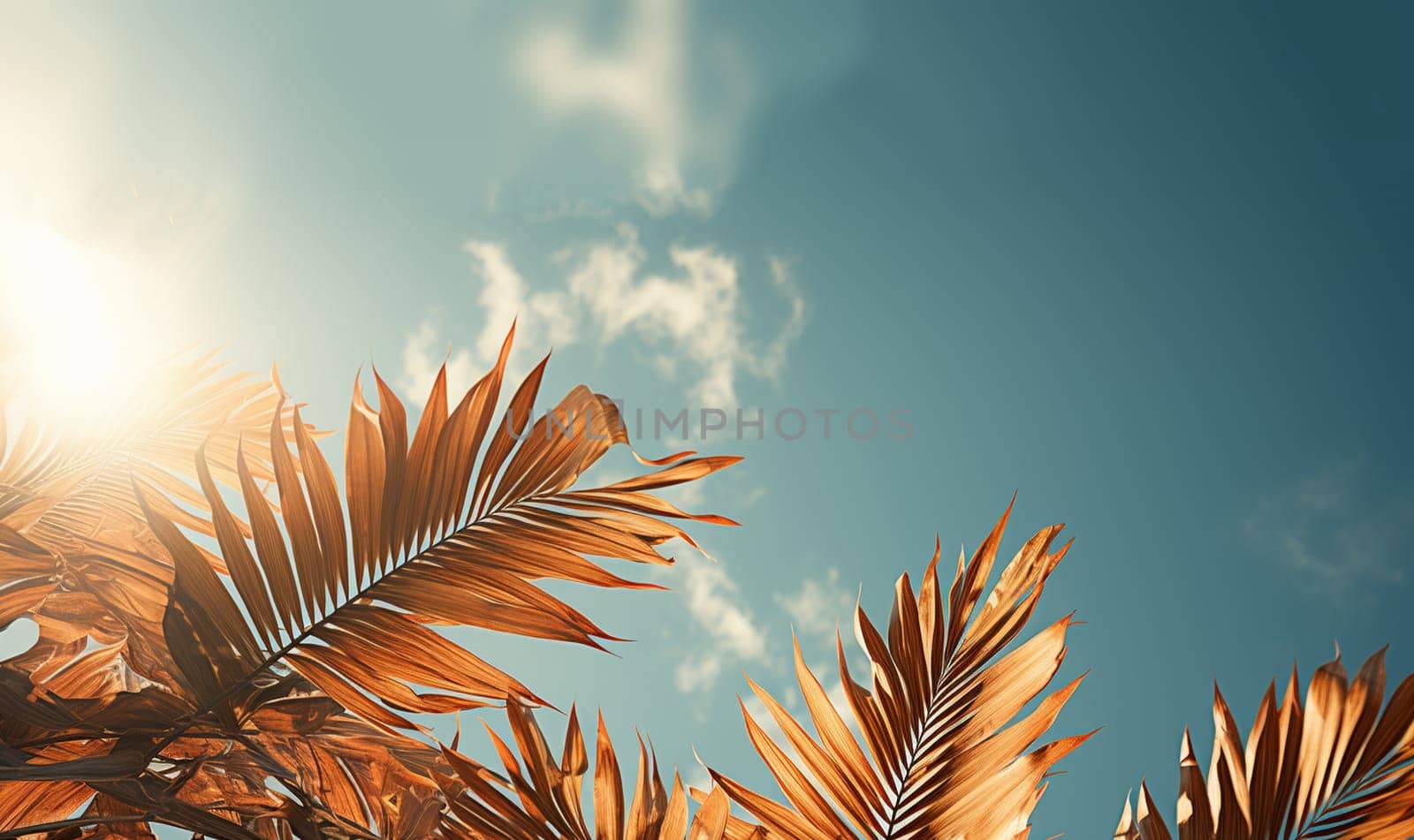Palm leaves oin the sky with sepia tones.Palm tree with coconut, retro style photo. Summer travel destination. Fluffy palm leaf on sunset sky. Romantic honeymoon or holiday banner template. Coco palm crown view from ground. Tropical nature copy space space for text