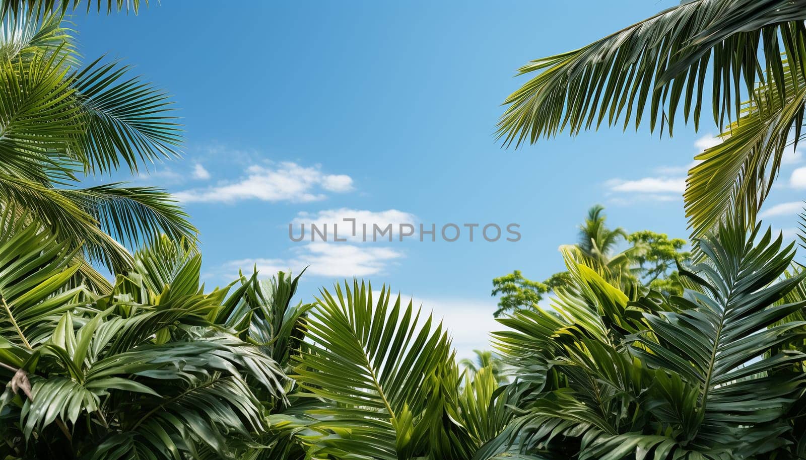Tropical palm leaves frame in blue sky.Palm sunday concept: Leaves frame of coconut branches with cloudy blue sky background summer Holiday concept. Template vacation and travel,tourism by Annebel146