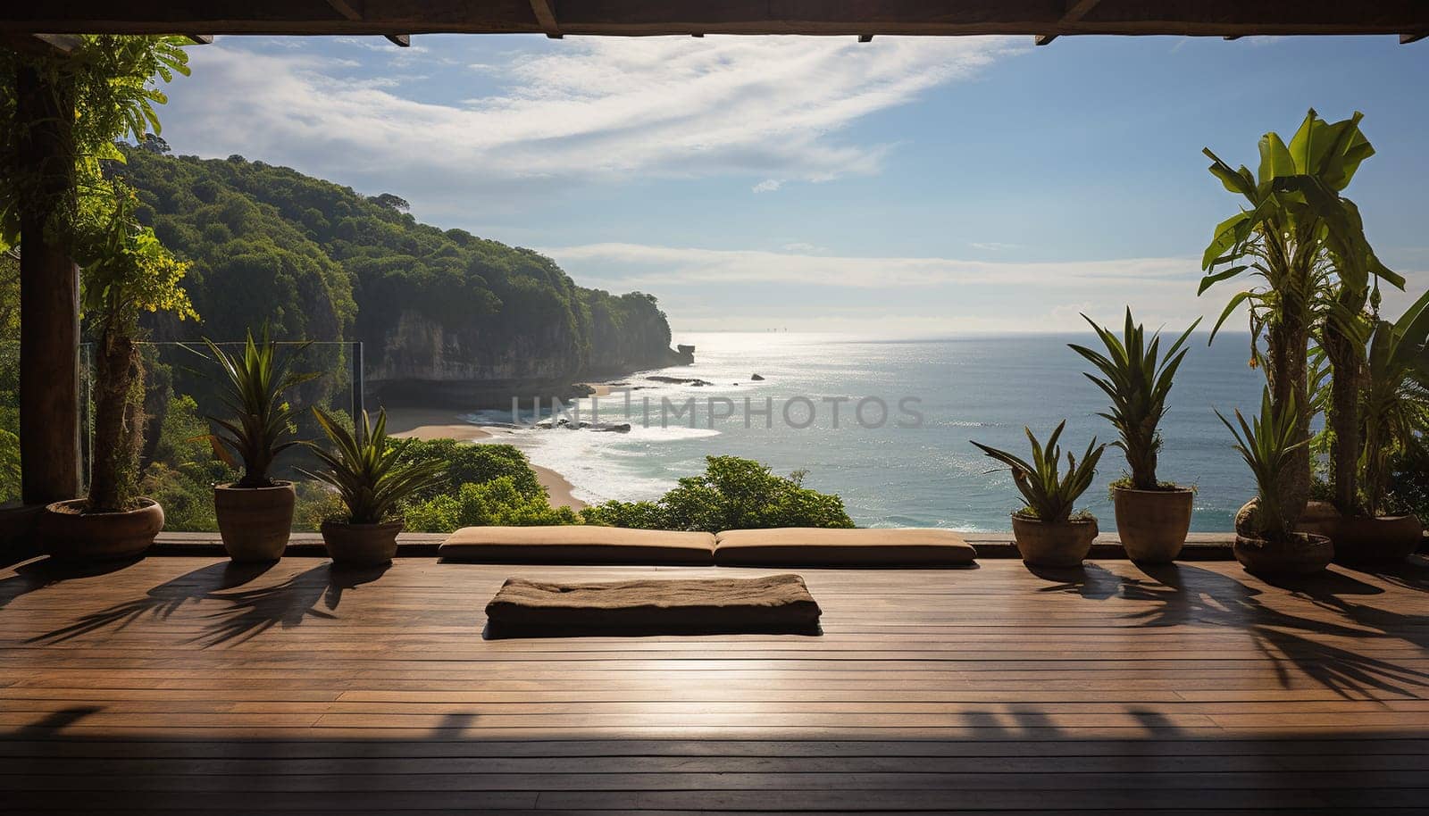 Yoga meditating studio location at edge of a tropical landscape with ocean view from cliff top. Healthy family lifestyle, summer travel on tropical islands. Bali location
