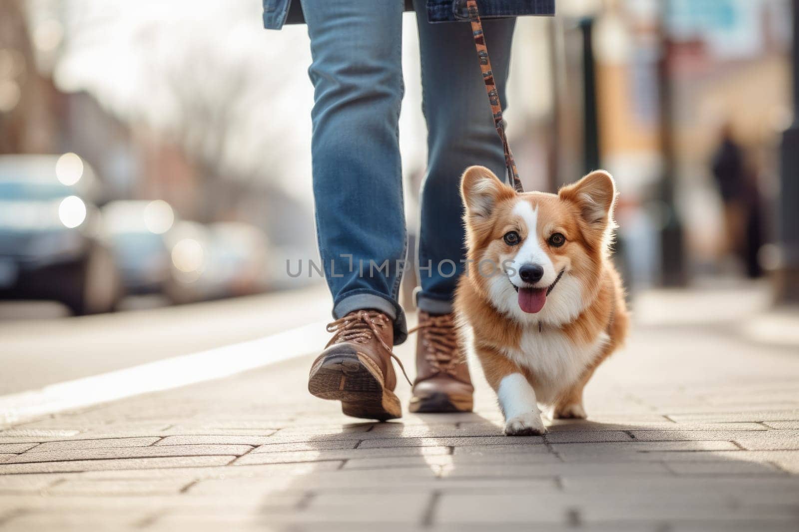 Pet care. dog walking with unrecognizable owner in city street crosswalk, summer sunny day, AI Generated