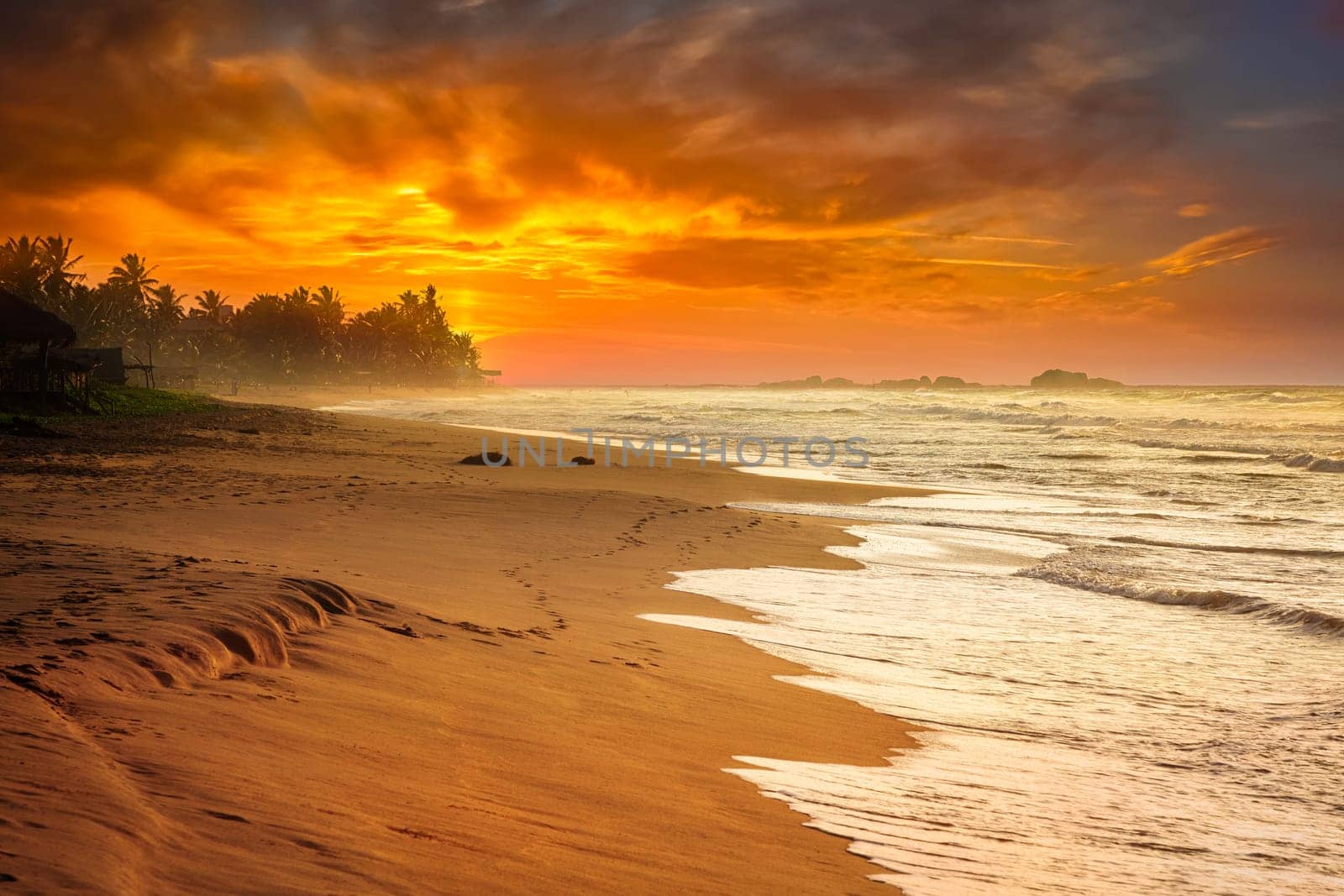 Tropical sunset on ocean beach. Sri Lanka