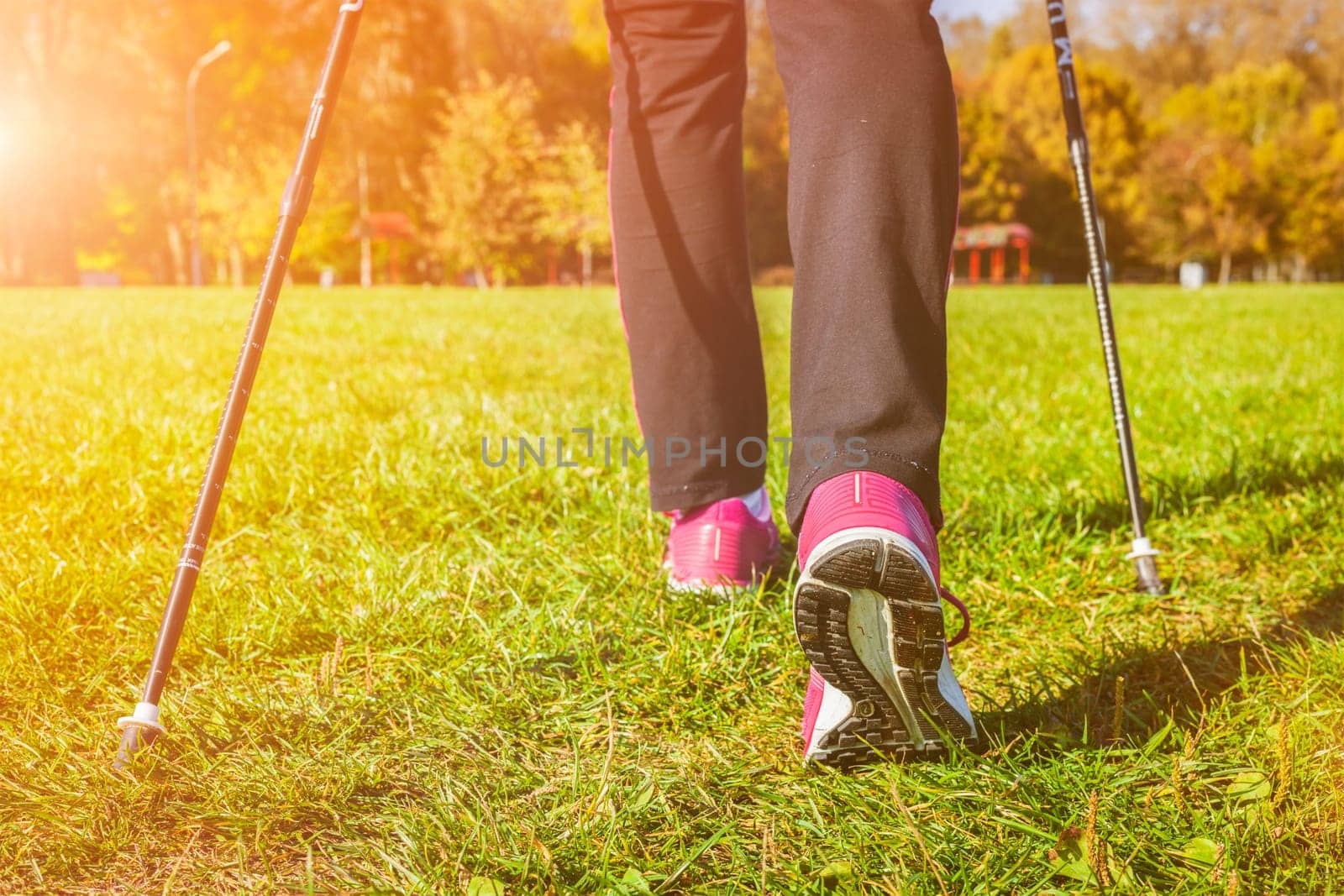 Nordic walking adventure and exercising concept - woman hiking, legs and nordic walking poles in summer nature. With lens flare and light leak.