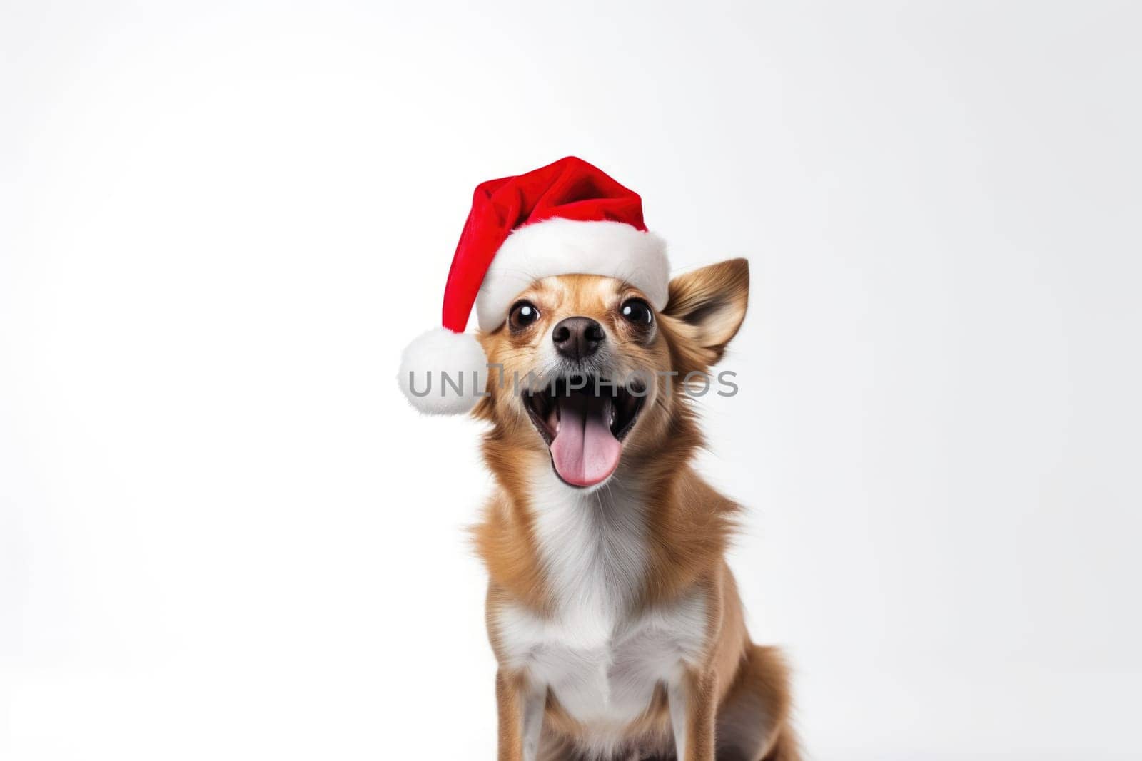 cute dog wearing santa hat on white background, AI Generated by Desperada