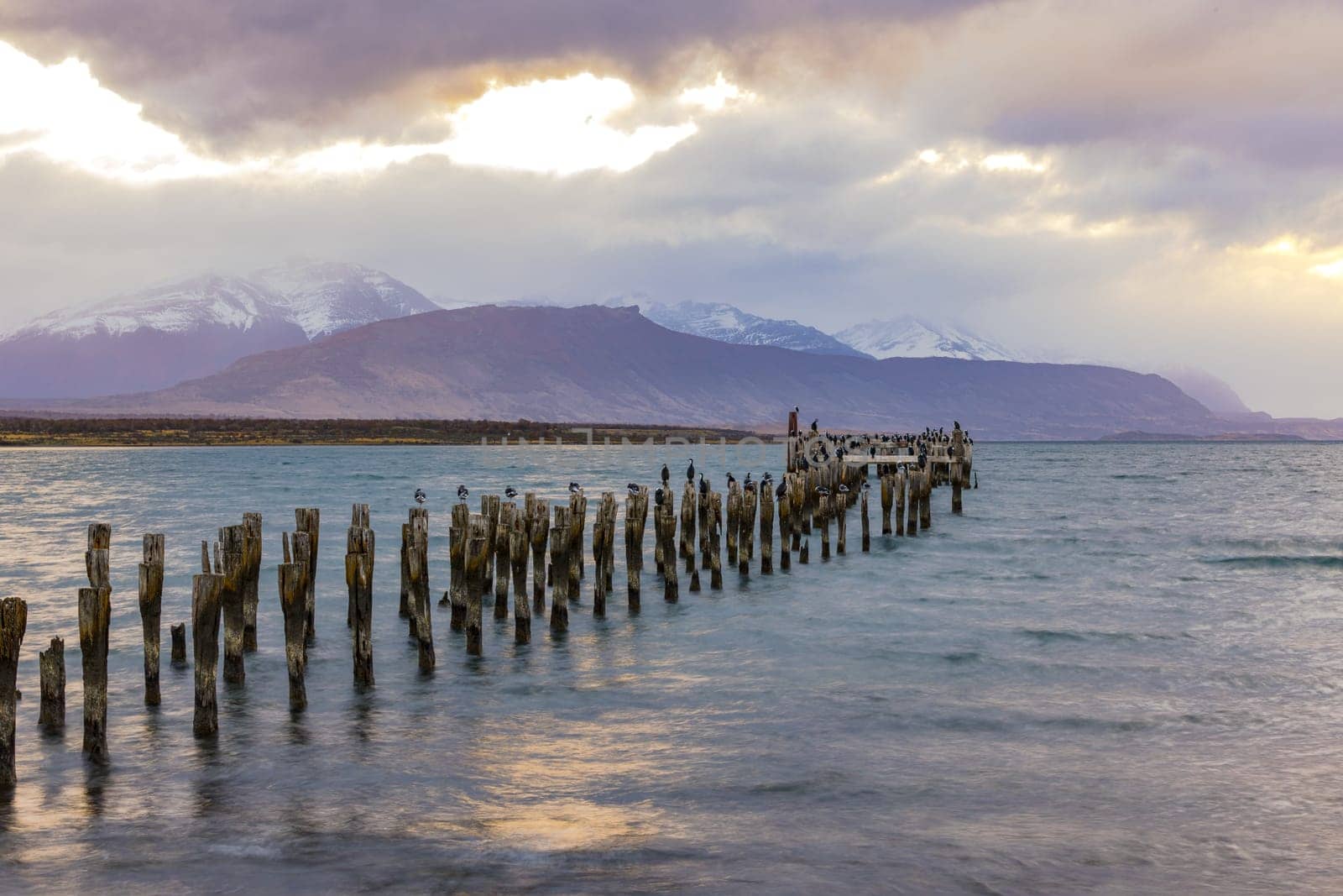 Long exposure from the jetty at the old pier in Puerto Natales with birds in front of the mountains at the fjord Ultima Esperanza in back light, Chile, Patagonia, South America