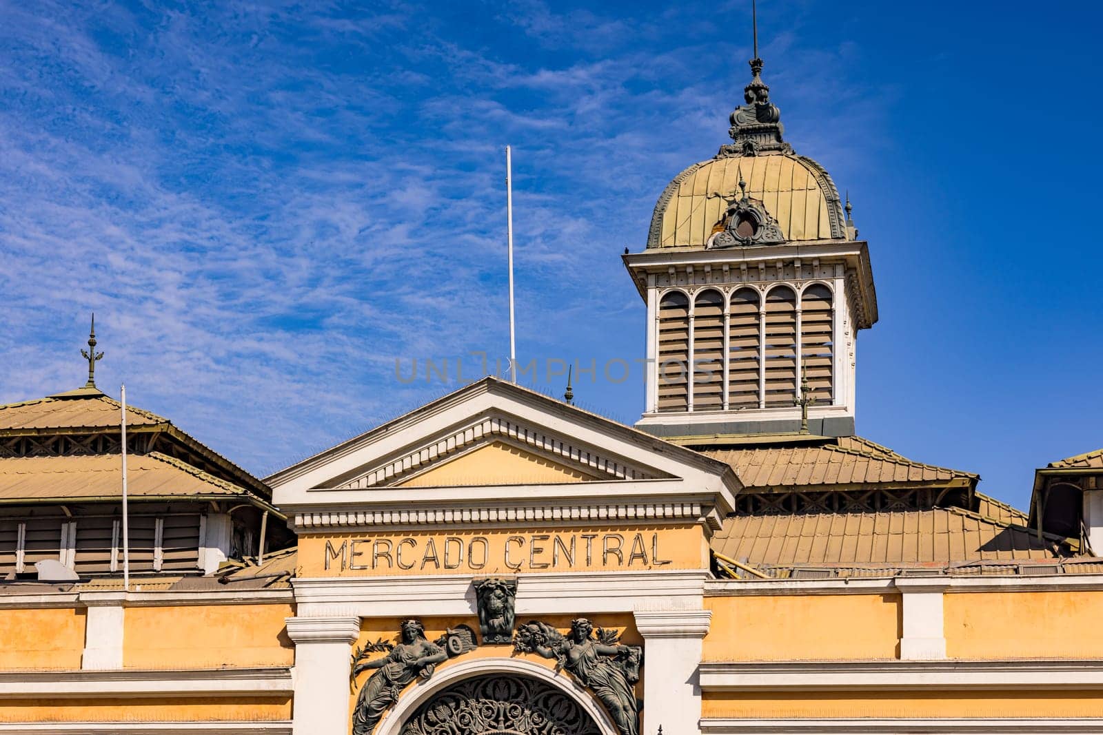 The Mercado Central de Santiago de Chile with a distinctive vaulted ceiling made of a metal construction, Chile, South America