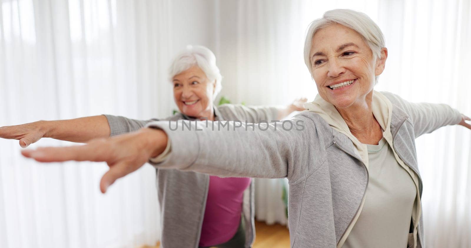 Exercise, yoga and senior woman friends in a home studio to workout for health, wellness or balance. Fitness, zen and chakra with elderly people training for mindfulness together while breathing by YuriArcurs