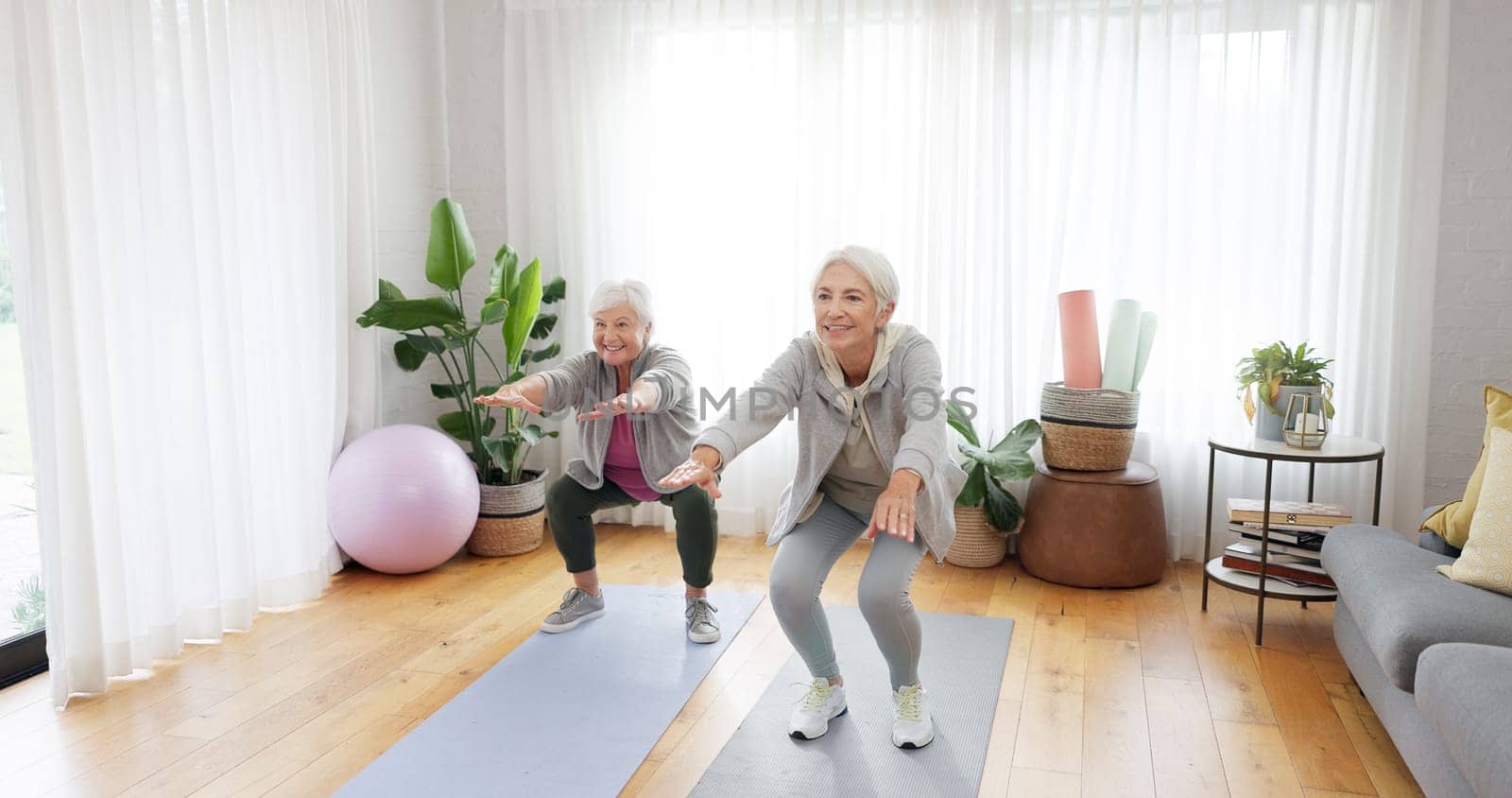 Fitness, yoga and elderly woman friends in a home studio to workout for health, wellness or balance. Exercise, zen and chakra with senior people training for mindfulness together while breathing.
