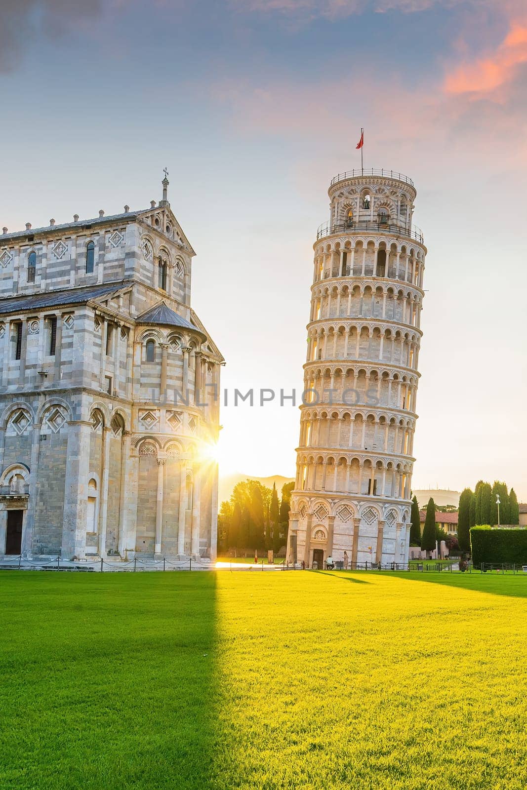 The Leaning Tower in Pisa, Italy with beautiful sunrise