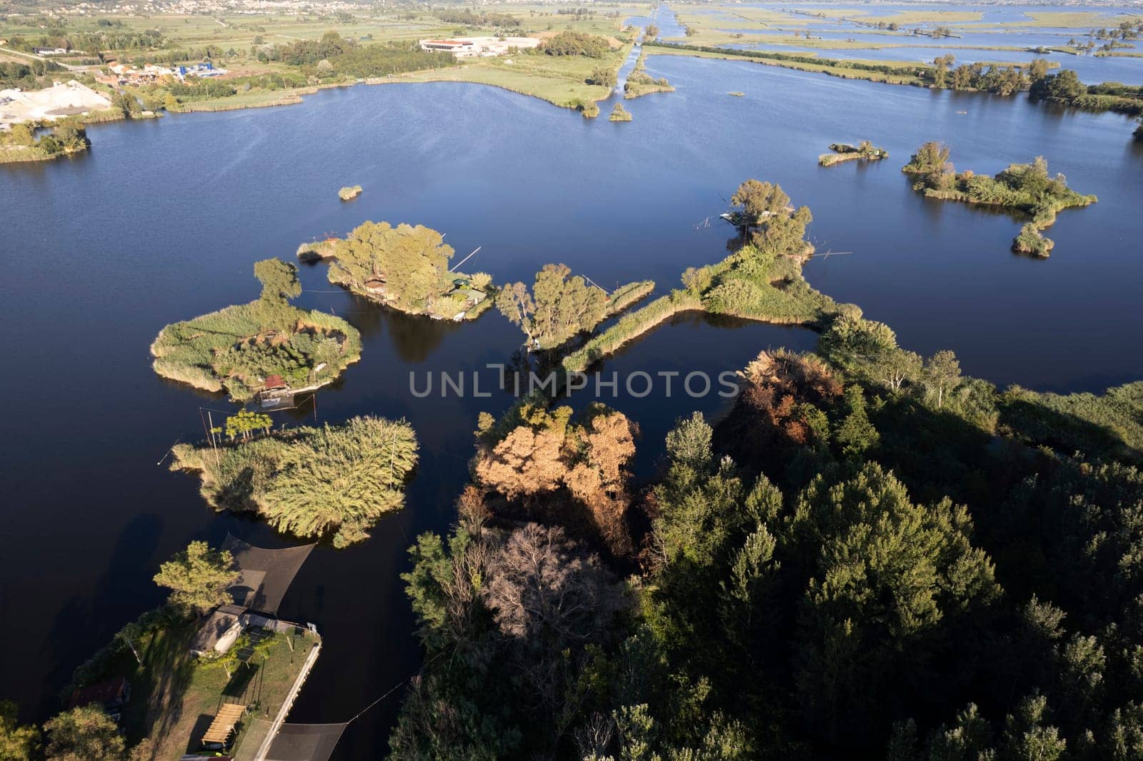 Aerial photographic documentation of the details of Lake Massaciuccoli Lucca Tuscany Italy 