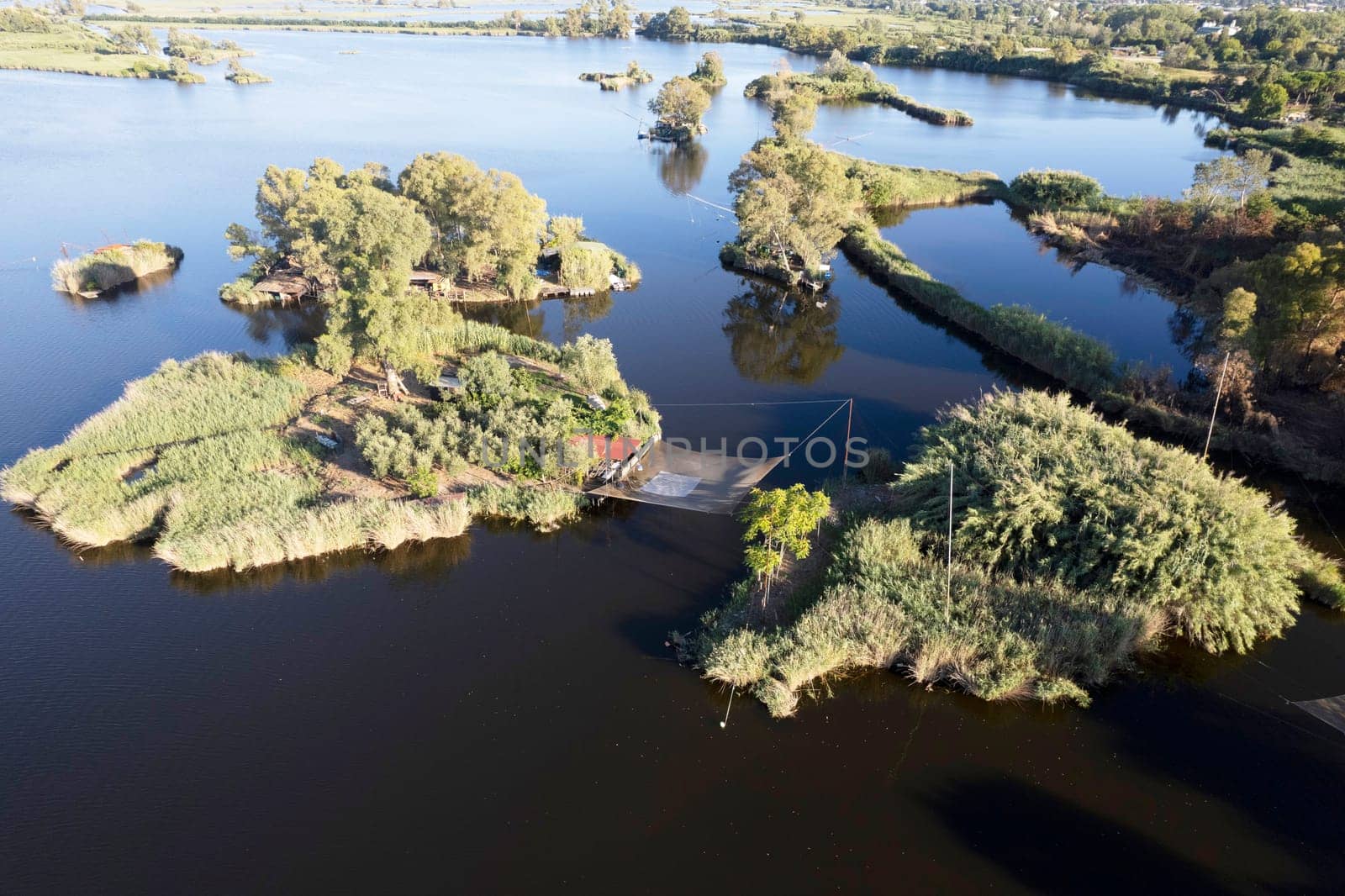 Aerial photographic documentation of the details of Lake Massaciuccoli Lucca Tuscany Italy 