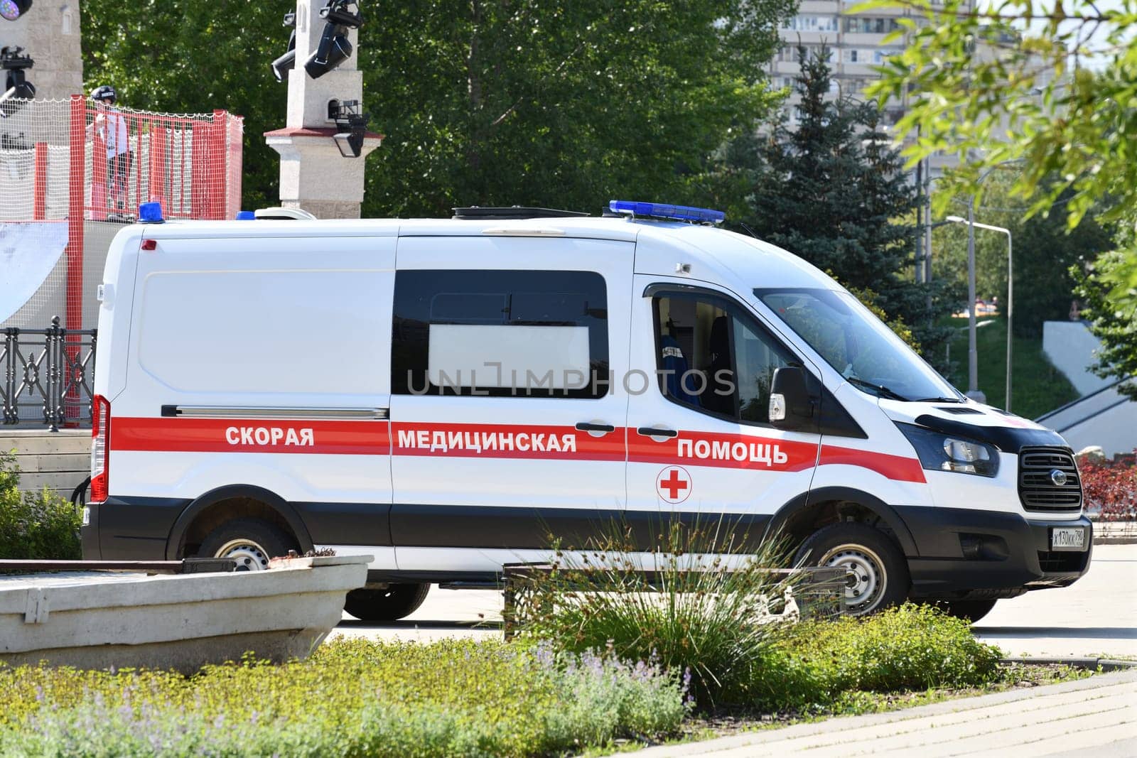 Moscow, Russia - Aug 04. 2023. An ambulance - writing on side of the car