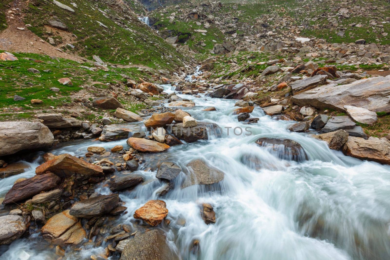 Waterfall in Himalayas in Koksar, Lahaul Valley, Himachal Pradesh, India