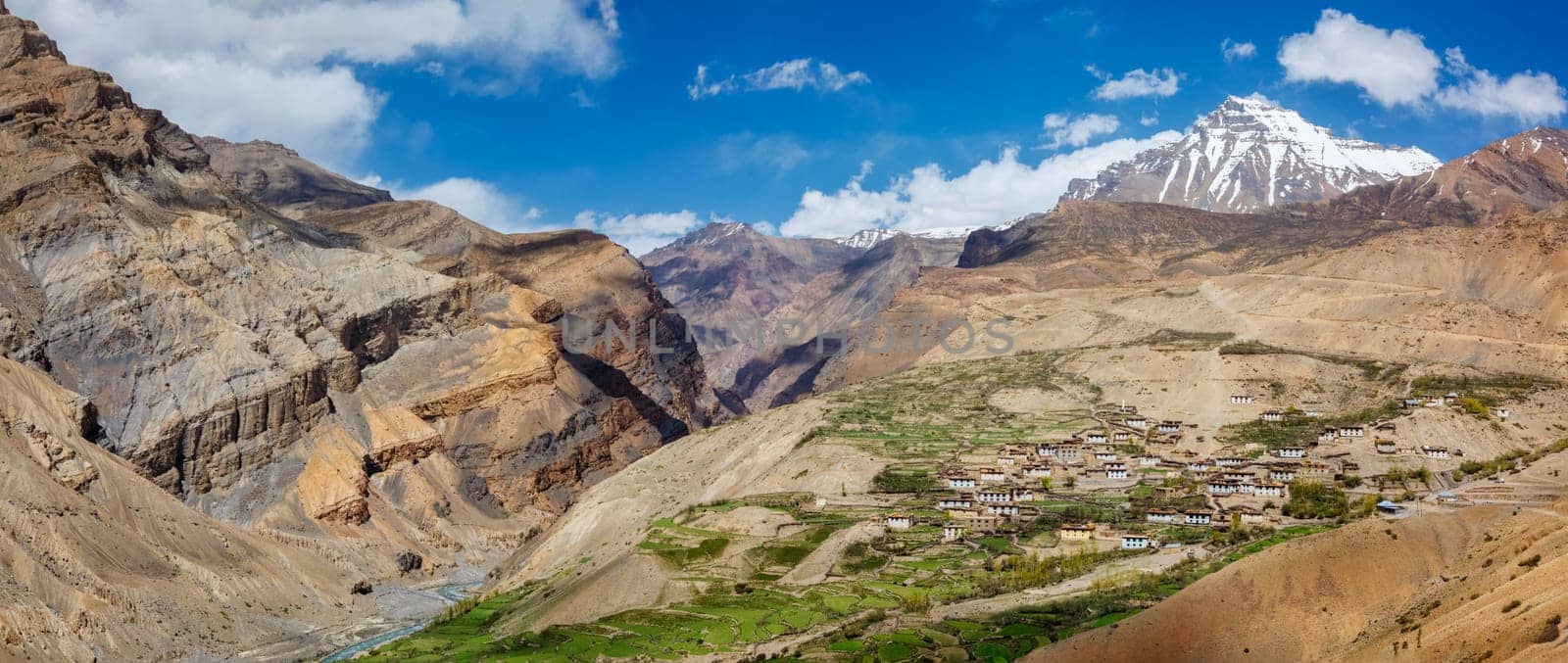 Panorama of Spiti valley and Kibber village in Himalayas. Spiti Valley, Himachal Pradesh, India