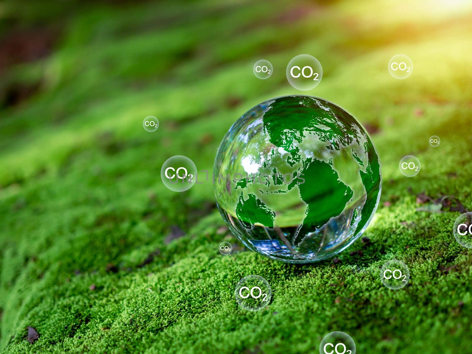Crystal ball on moss in green forest. CO2 emission reduction concept, clean and friendly environment without carbon dioxide emissions. Planting trees to reduce CO2 emissions, environmental protection concept. by Unimages2527