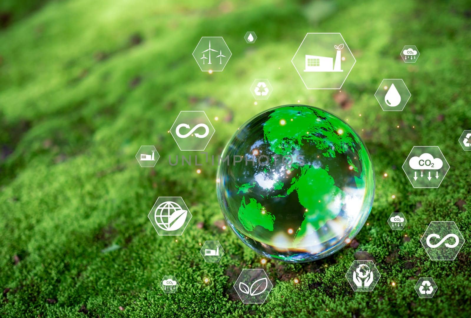 Crystal ball on moss in green forest. CO2 emission reduction concept, clean and friendly environment without carbon dioxide emissions. Planting trees to reduce CO2 emissions, environmental protection concept. by Unimages2527