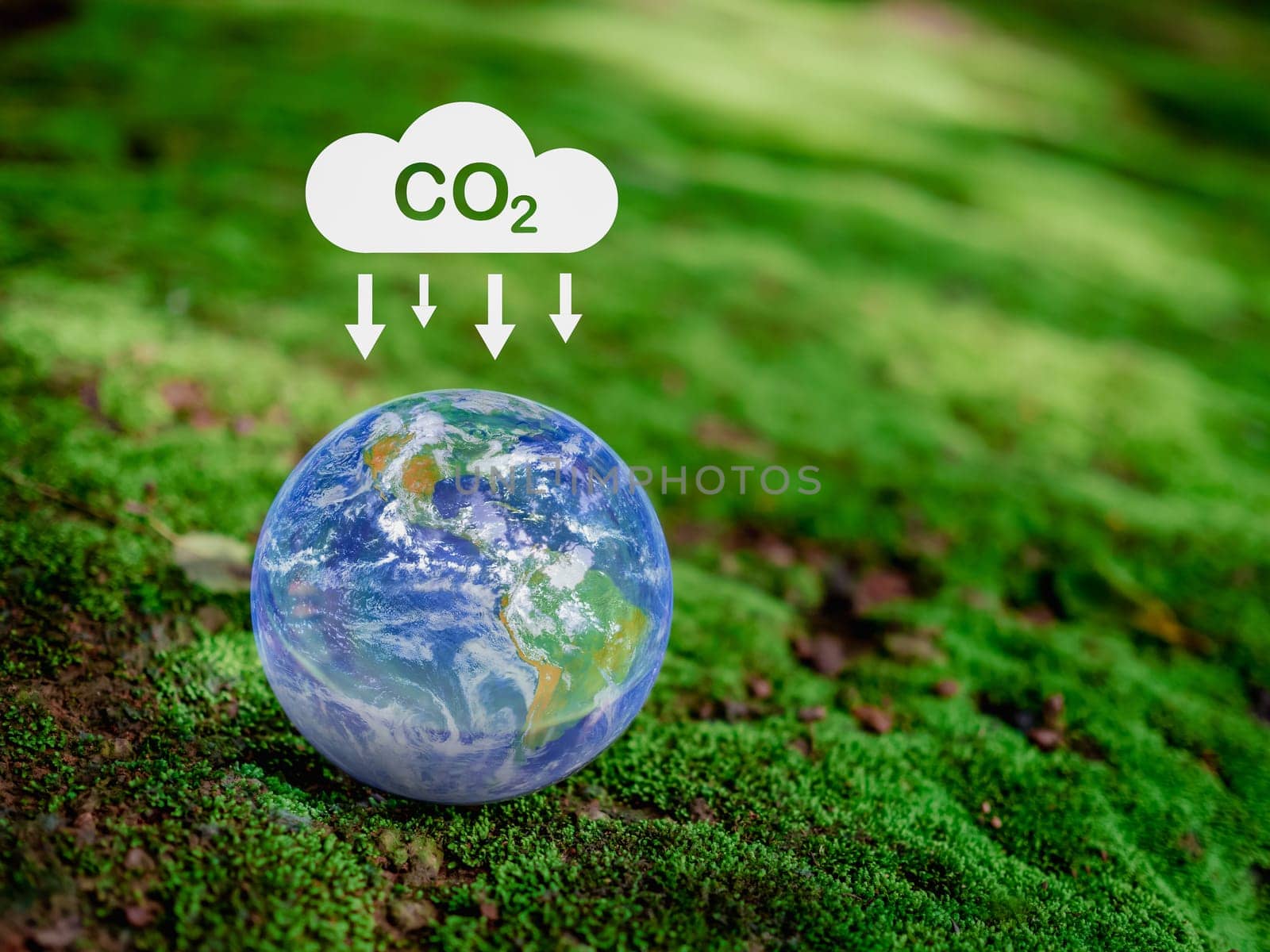 CO2 emission reduction concept, clean and friendly environment without carbon dioxide emissions. Planting trees to reduce CO2 emissions, environmental protection concept. element of NASA by Unimages2527