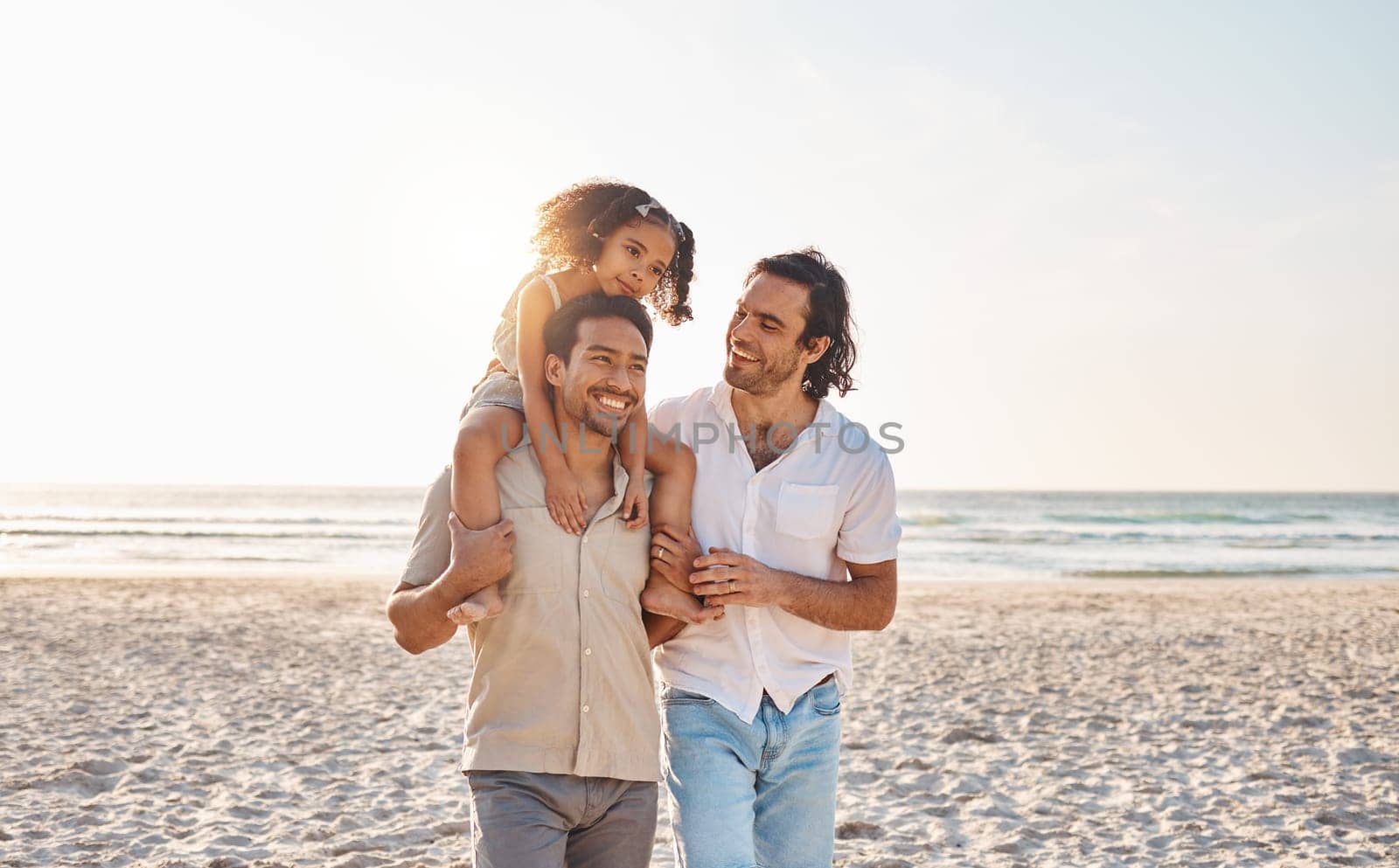 Gay couple, piggyback and relax with family at beach for seaside holiday, support and travel mockup. Summer, vacation and love with men and child in nature for lgbtq, happiness and bonding together.