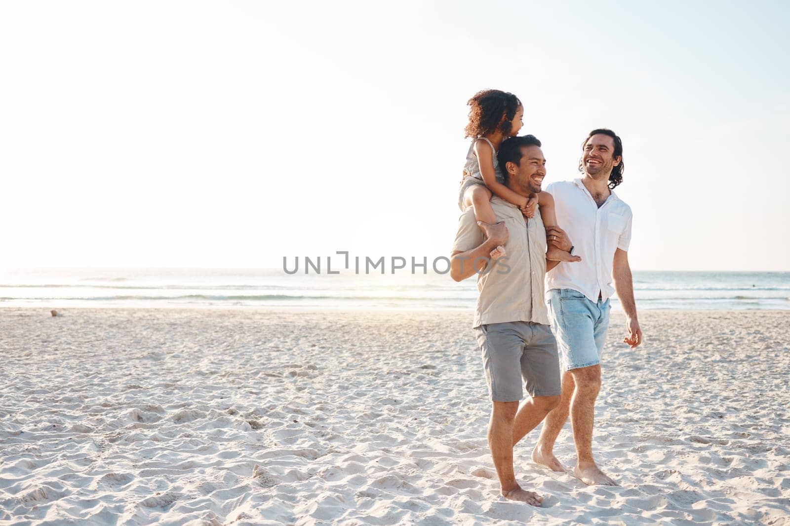 Gay couple, space and piggyback with family at beach for seaside holiday, support and travel mockup. Summer, vacation and love with men and child in nature for lgbtq, happiness and bonding together by YuriArcurs
