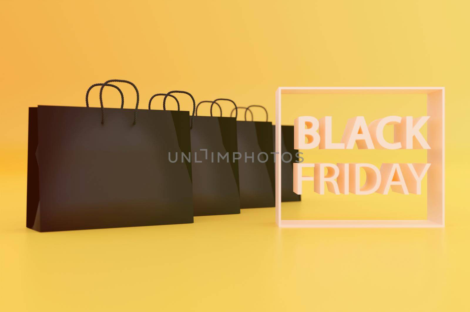 3d illustration. black friday shopping bags 0n yewllow background . Copy space for text by Hepjam