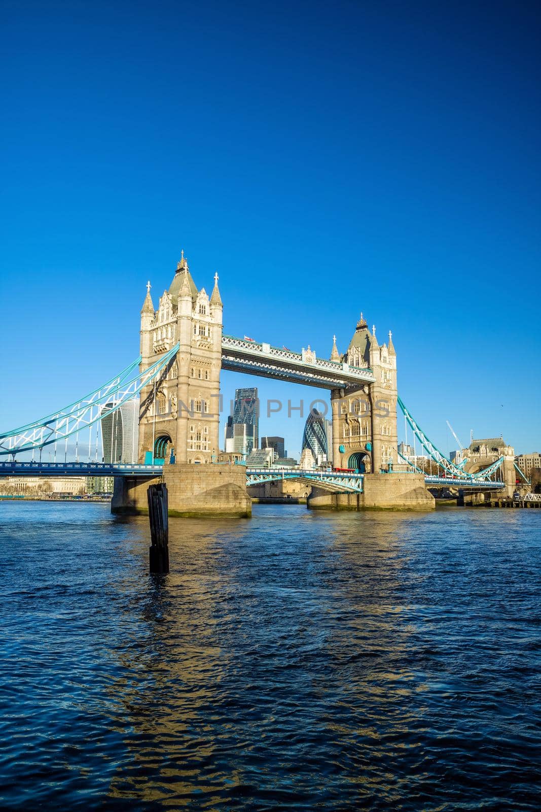 Tower Bridge in London, UK with blue sky