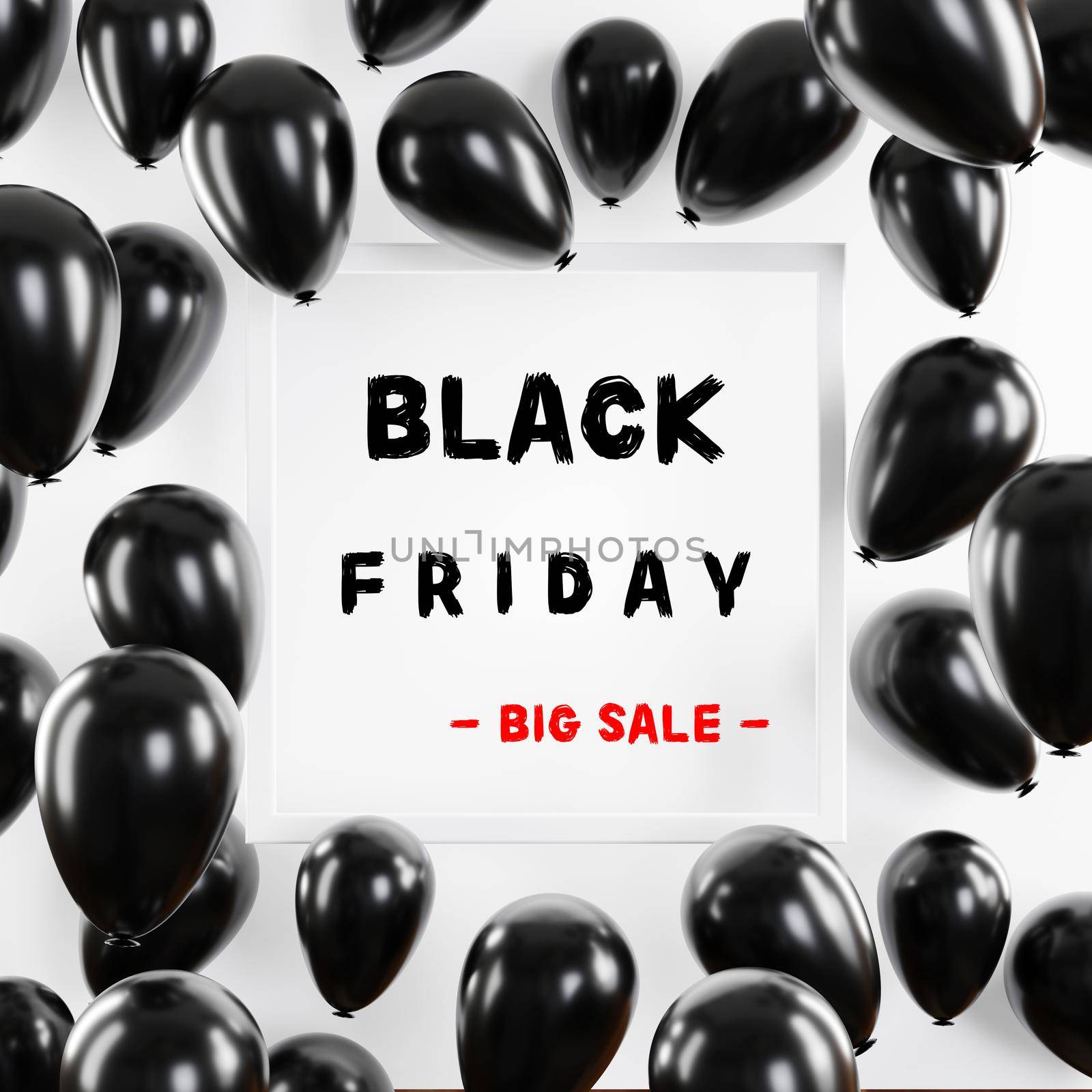 Black Friday Big sale concept, shiny golden balloons flyer with white square frame banner by Sorapop