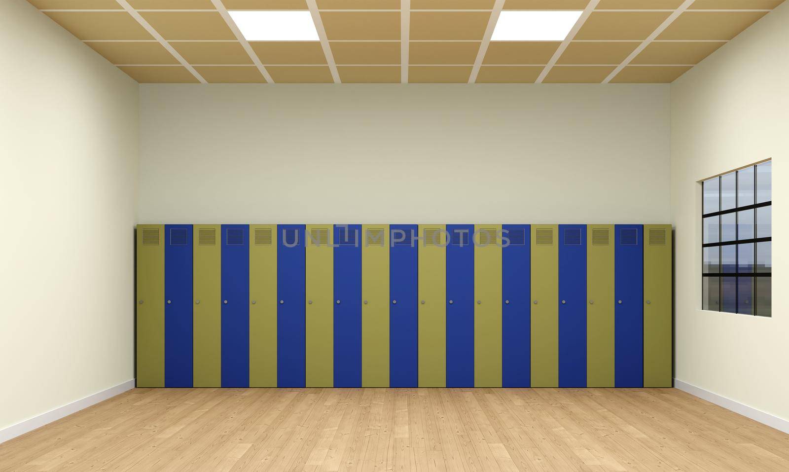 Colorful wooden numbered Student locker in modern empty classroom concept 3D illustration. by raferto1973