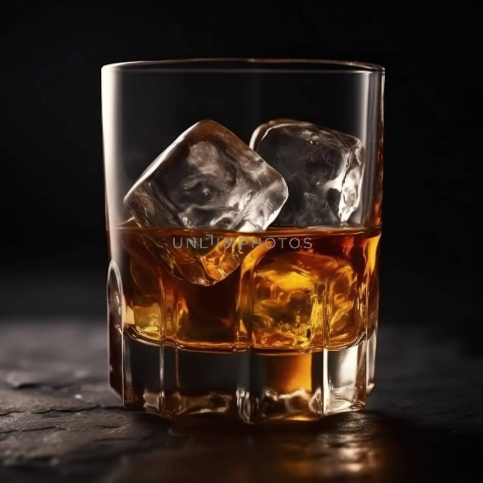 Glass of elegant whiskey with ice cubes on a bar counter with dark moody atmosphere. Drink art concept.