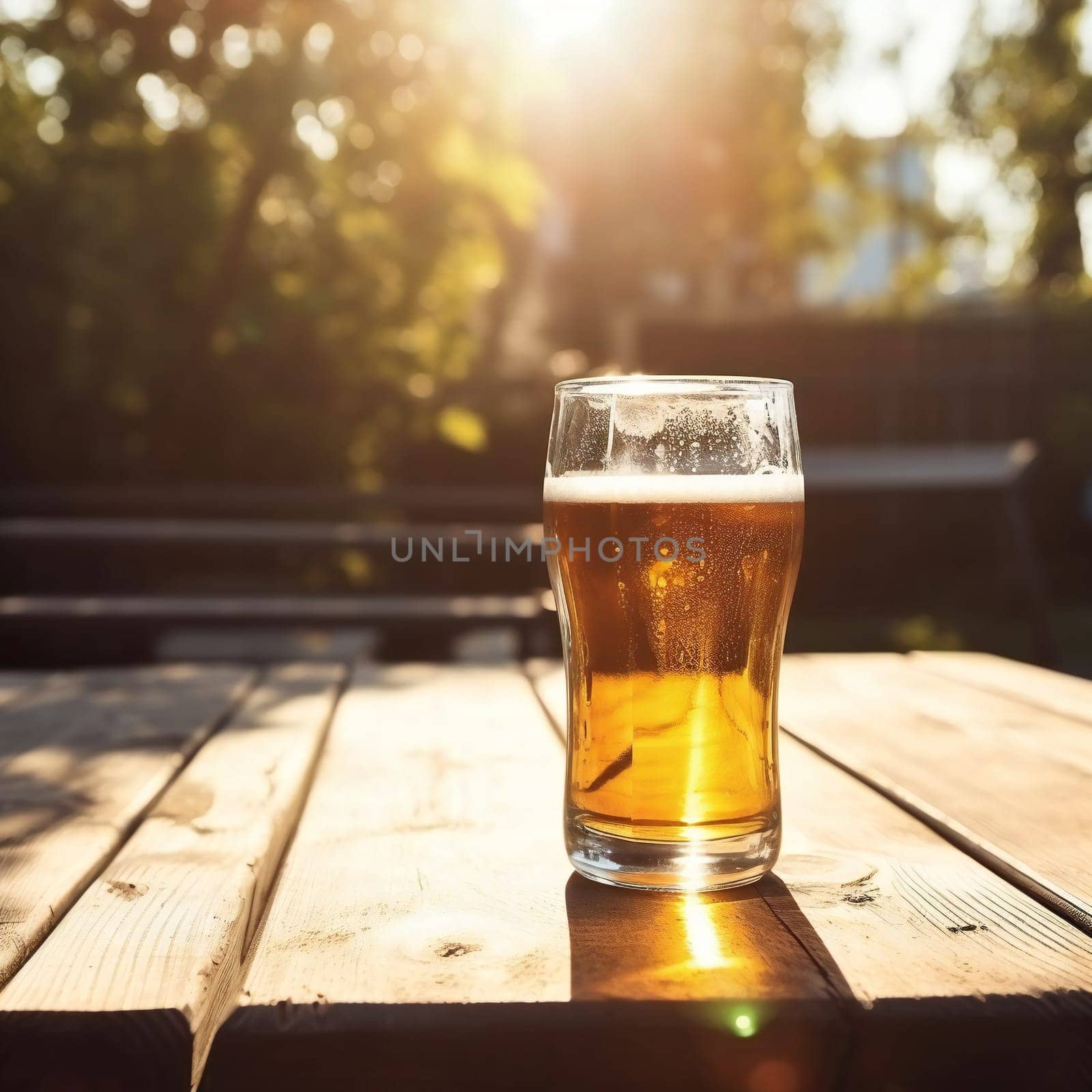 Golden beer on a wooden table against the backdrop of trees and the breaking sun on a holiday day.