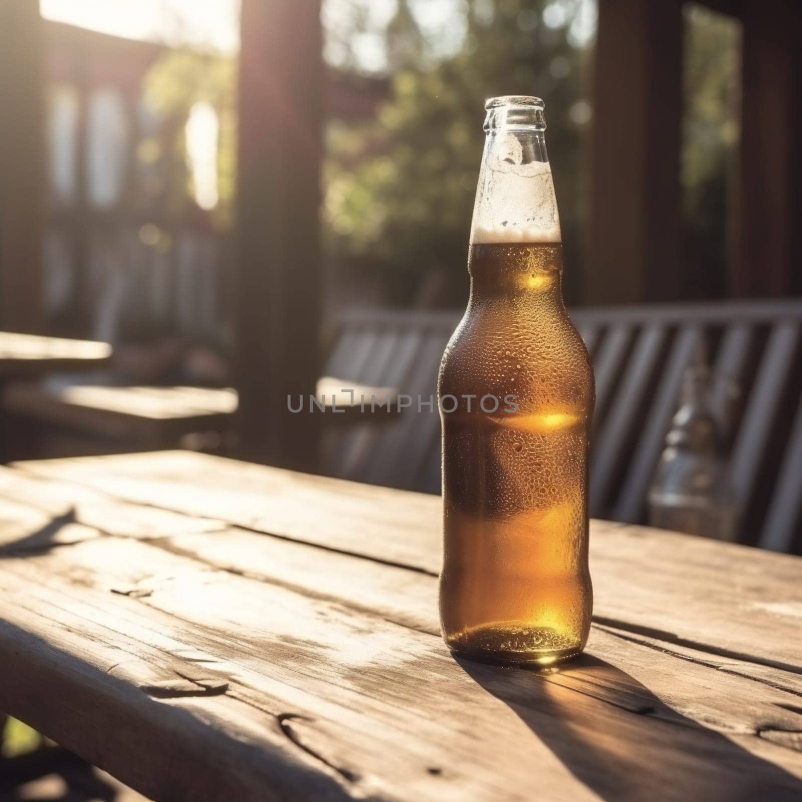 Golden beer in bottle on a wooden table against the backdrop of trees and the breaking sun on a holiday day. Generative ai by juliet_summertime
