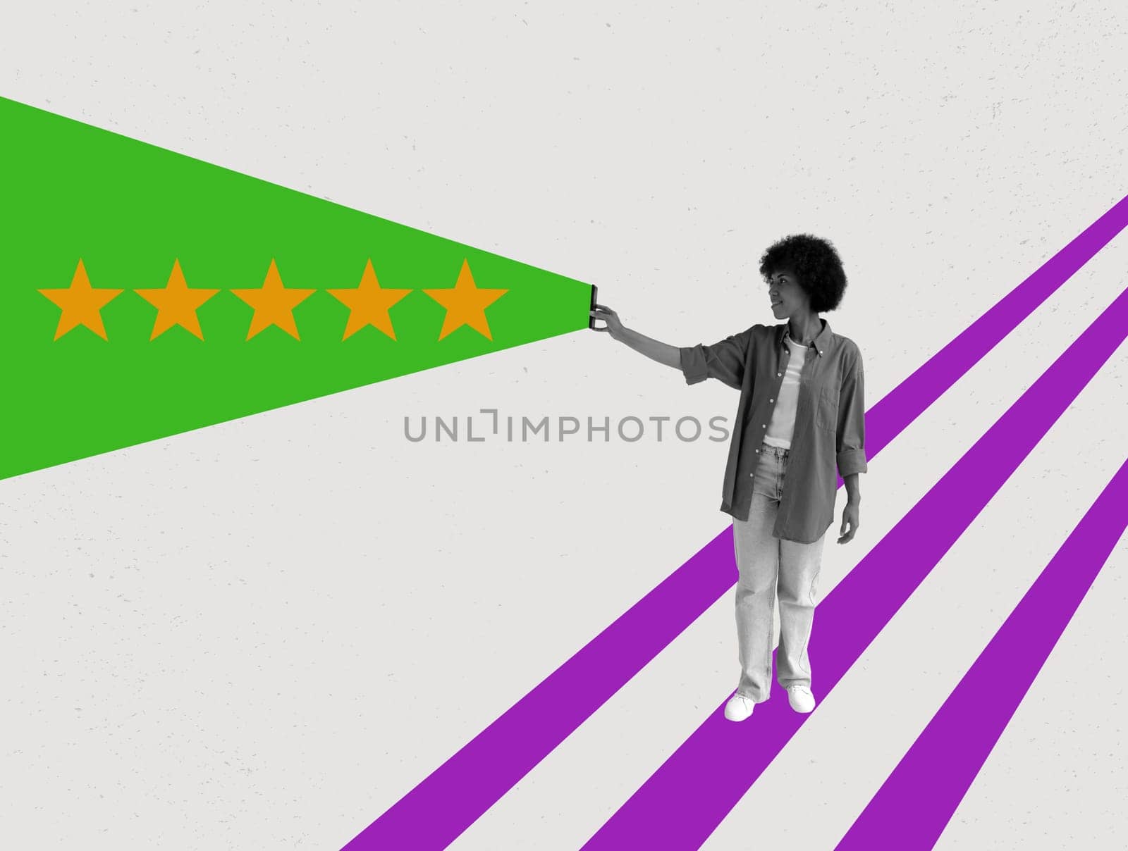 A collage where a girl is holding a phone and five stars as a symbol of customer rating.